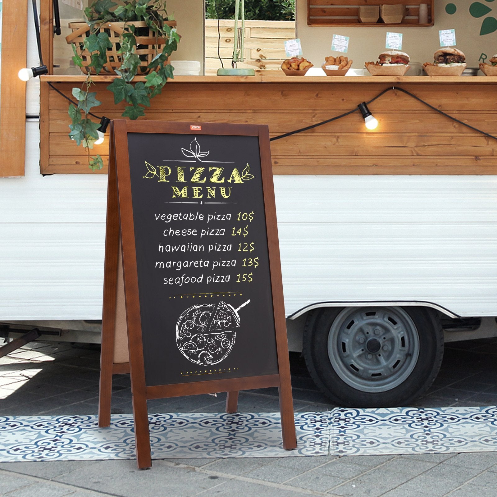 VEOVR A Frame Chalkboard Sign, 50x102 cm Double-Sided Sidewalk Signs, Freestanding Vintage Wooden Chalk Board with Chalks & Magnetic Eraser, Rustic Brown Outdoor Sandwich Board Kitchen Home Wedding 8