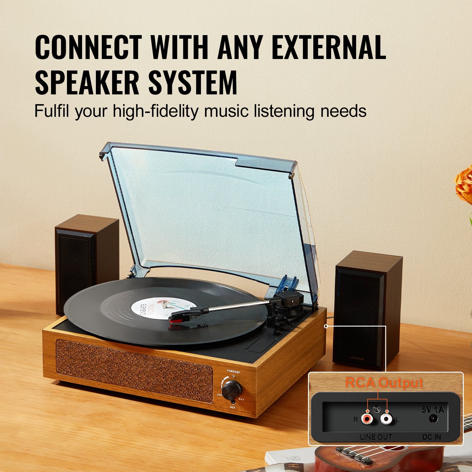VEVOR Bluetooth Vinyl Record Player 3-Speed Belt Driven Turntable 3W Speakers 4