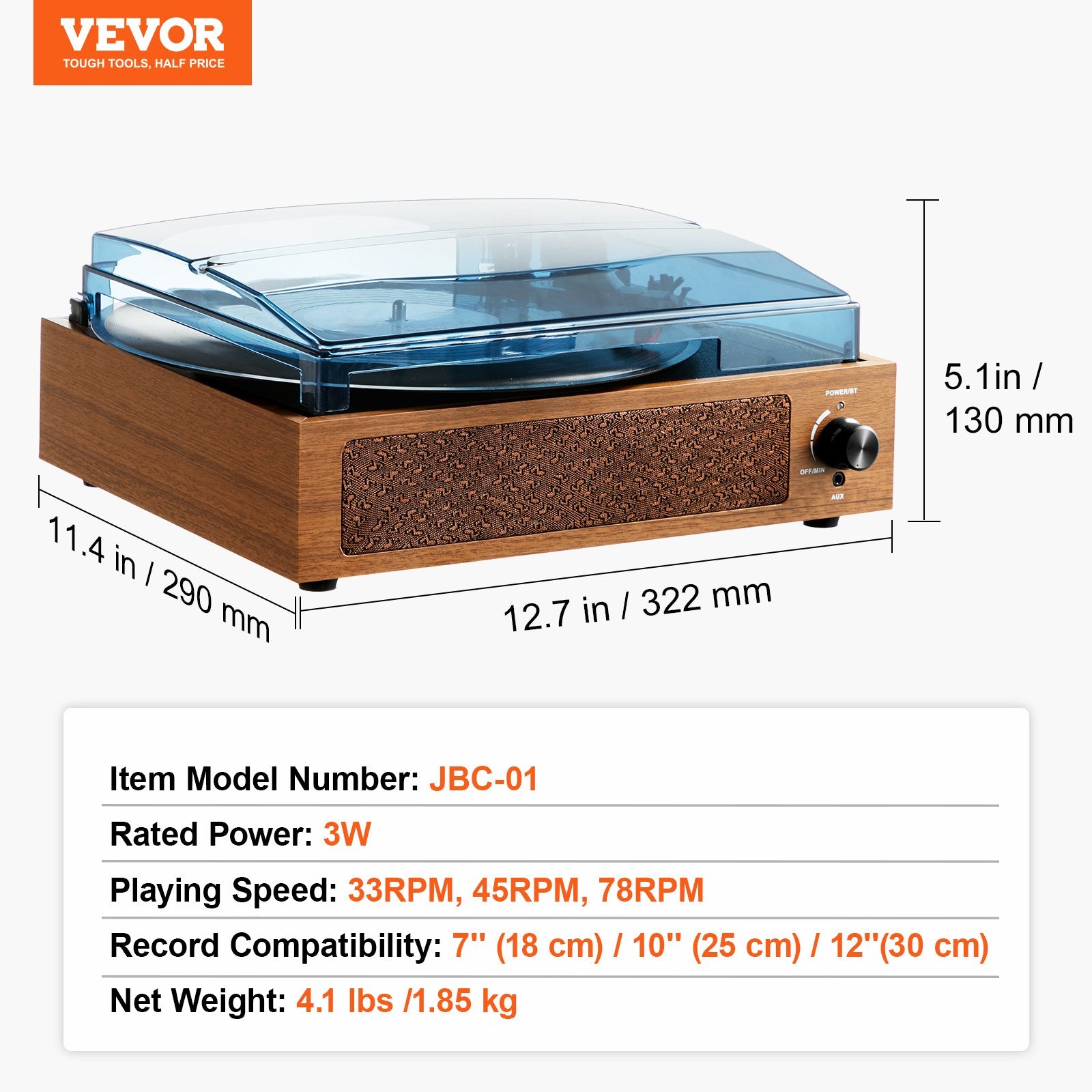 VEVOR Bluetooth Vinyl Record Player 3-Speed Belt Driven Turntable 3W Speakers 7