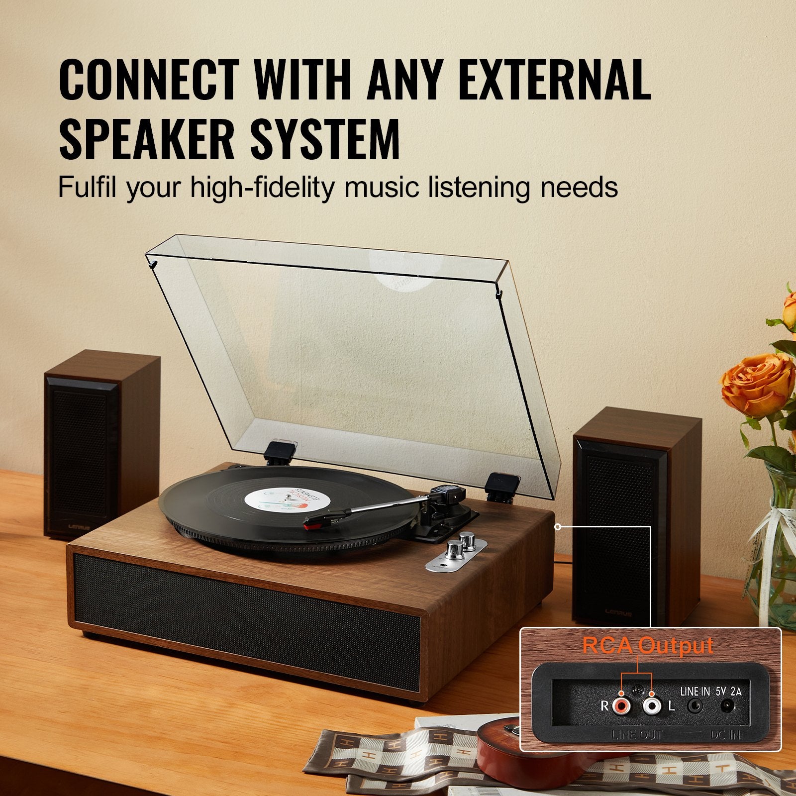 VEVOR Bluetooth Vinyl Record Player 3-Speed Belt Driven Turntable 10W Speakers 4
