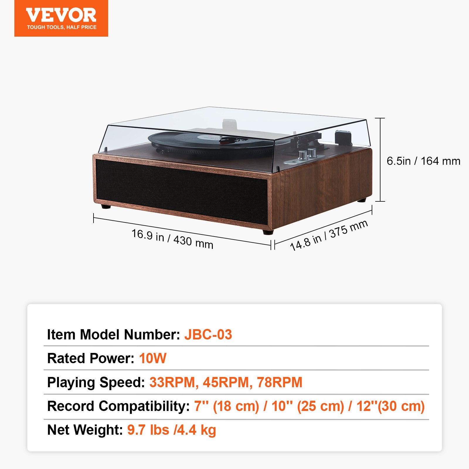VEVOR Bluetooth Vinyl Record Player 3-Speed Belt Driven Turntable 10W Speakers 7
