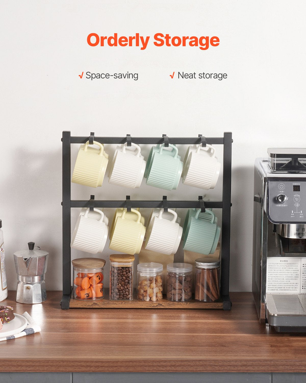 VEVOR Coffee Mug Holder for Countertop 16 Hooks Cup Rack with Wood Storage Base 3