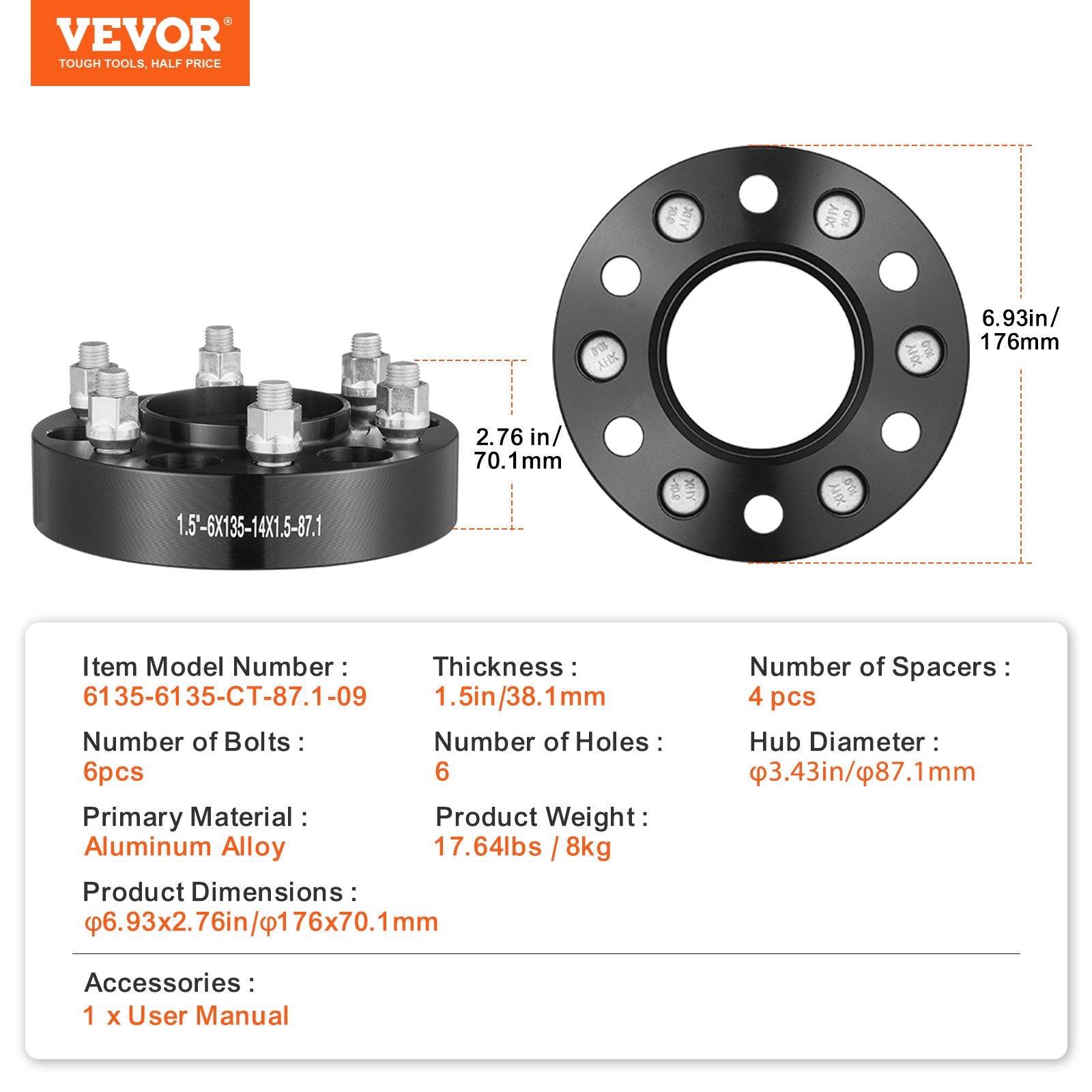 VEVOR 1.5" 6"x5.3" Wheel Spacers Wheel Adapters 6 Lug Forged Spacer 4 PCS Black 5