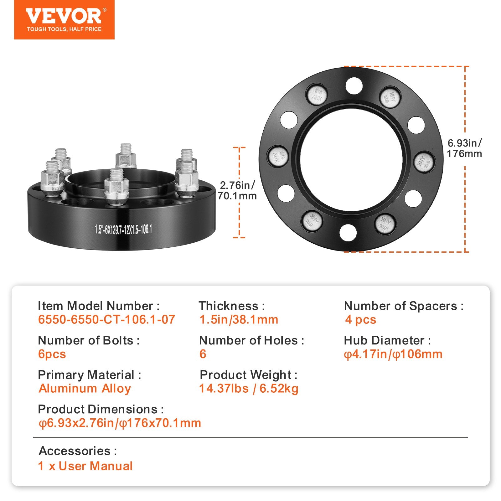 VEVOR 1.5" 6"x5.5" Wheel Spacers Wheel Adapters 6 Lug Forged Spacer 4 PCS Black 7
