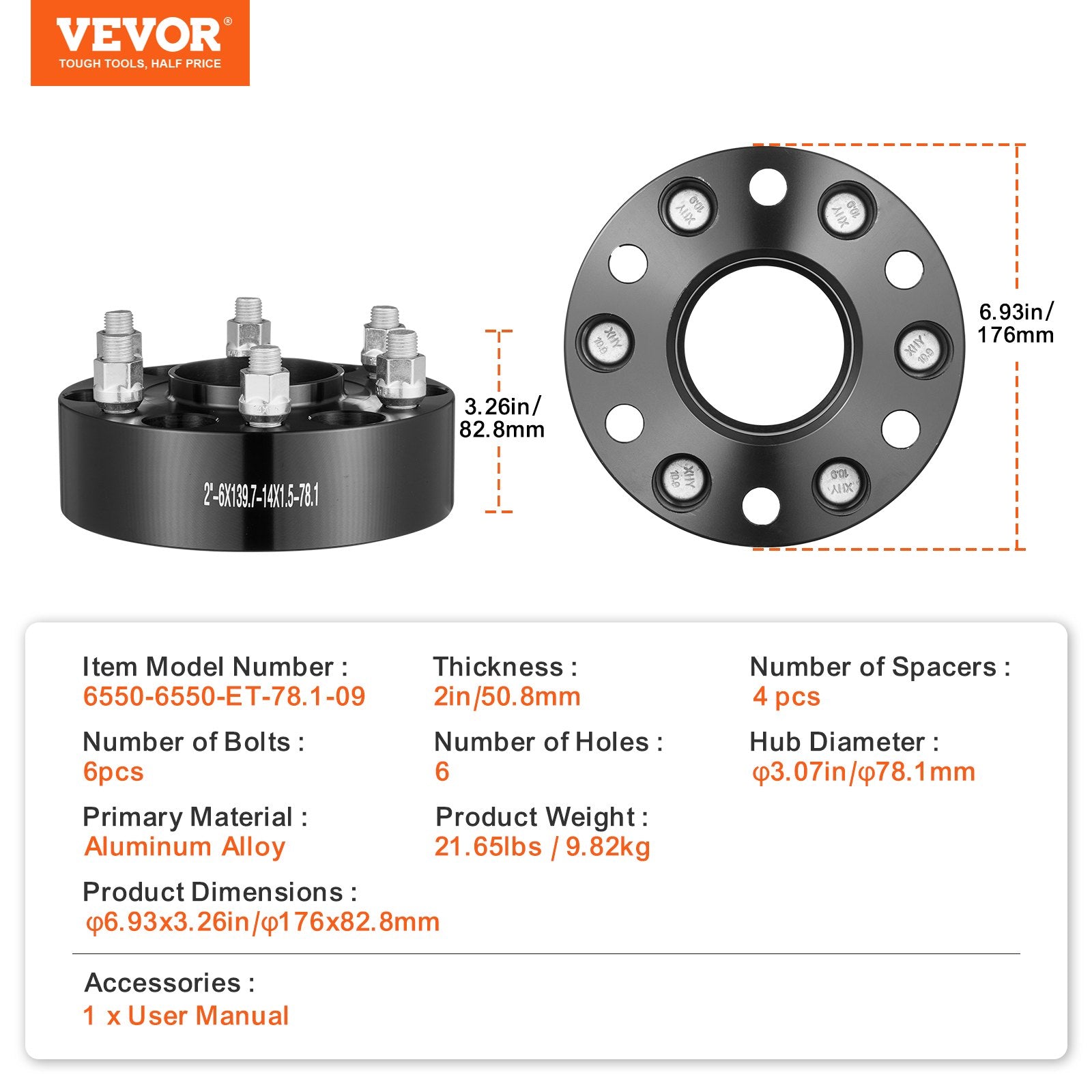 VEVOR 2" 6"x5.5" Wheel Spacers Wheel Adapters 6 Lug Forged Spacer 4 PCS Black 7