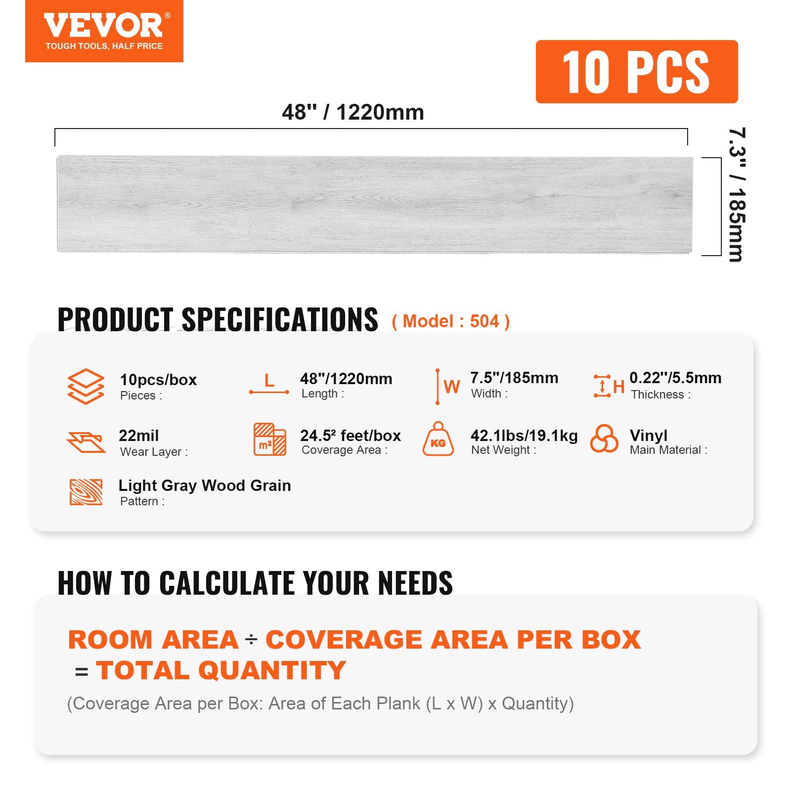 VEVOR Interlocking Vinyl Floor Tiles 48 x 7.3 inch, 10 Tiles 5.5mm Thick Snap Together, Light Gray Wood Grain DIY Flooring for Kitchen, Dining Room, Bedrooms & Bathrooms, Easy for Home Decor 7