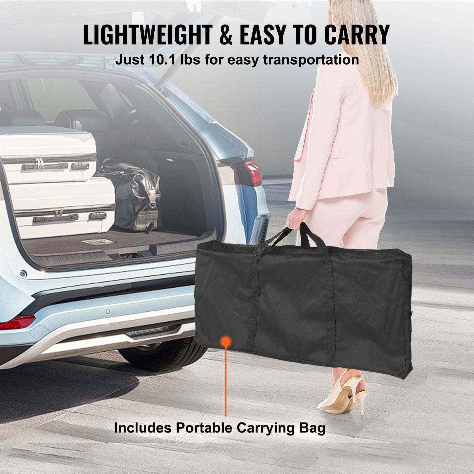 VEVOR Folding Portable Bar Table, Tradeshow Podium Table for Indoor, Outdoor, Party, Picnic, Exhibition, Includes Carrying Case, Storage Shelf and Black Skirt, 38.39" x 15.16" x 34.25“ 5