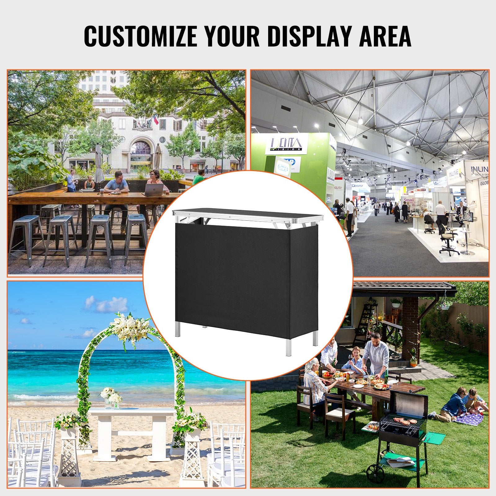 VEVOR Folding Portable Bar Table, Tradeshow Podium Table for Indoor, Outdoor, Party, Picnic, Exhibition, Includes Carrying Case, Storage Shelf and Black Skirt, 38.39" x 15.16" x 34.25“ 6