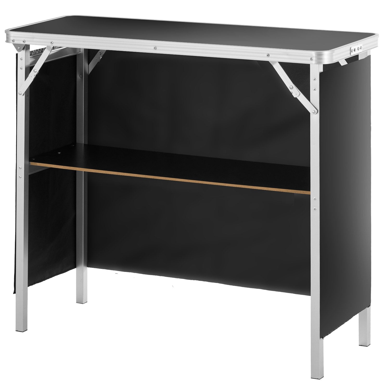 VEVOR Folding Portable Bar Table, Tradeshow Podium Table for Indoor, Outdoor, Party, Picnic, Exhibition, Includes Carrying Case, Storage Shelf and Black Skirt, 38.39" x 15.16" x 34.25“ 9