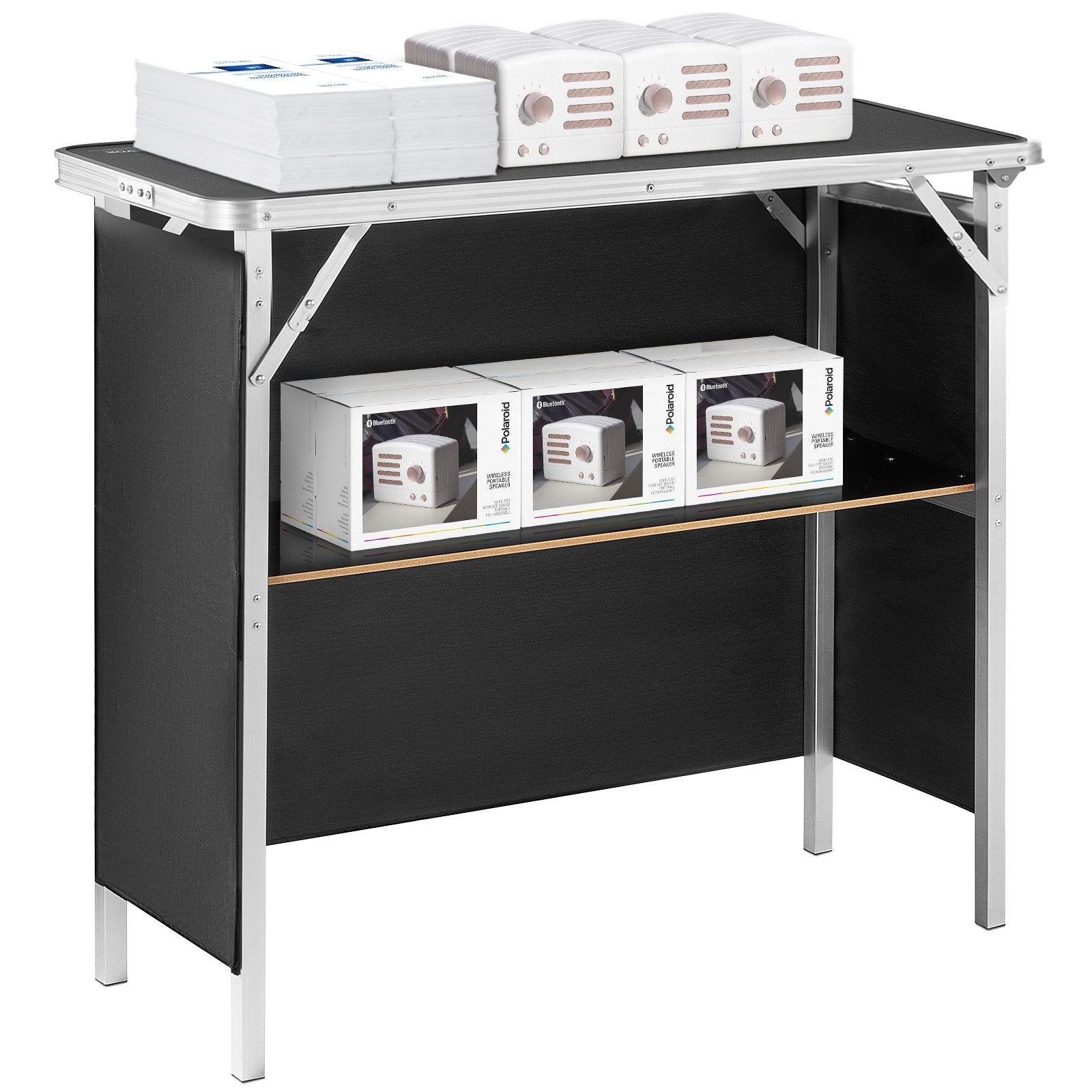 VEVOR Folding Portable Bar Table, Tradeshow Podium Table for Indoor, Outdoor, Party, Picnic, Exhibition, Includes Carrying Case, Storage Shelf and Black Skirt, 38.39" x 15.16" x 34.25“ 11