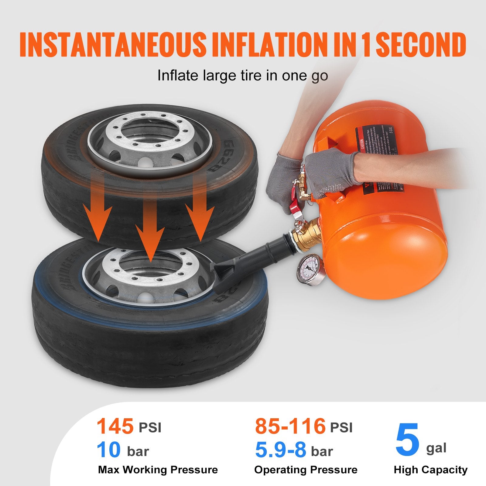 VEVOR Tire Bead Seater, 5 Gal/19L Air Tire Bead Blaster with Pressure Gauge & Handle, 145 PSI Seating Tool Inflator Tank, 85-116 PSI Operating Pressure for Car Truck ATV 3