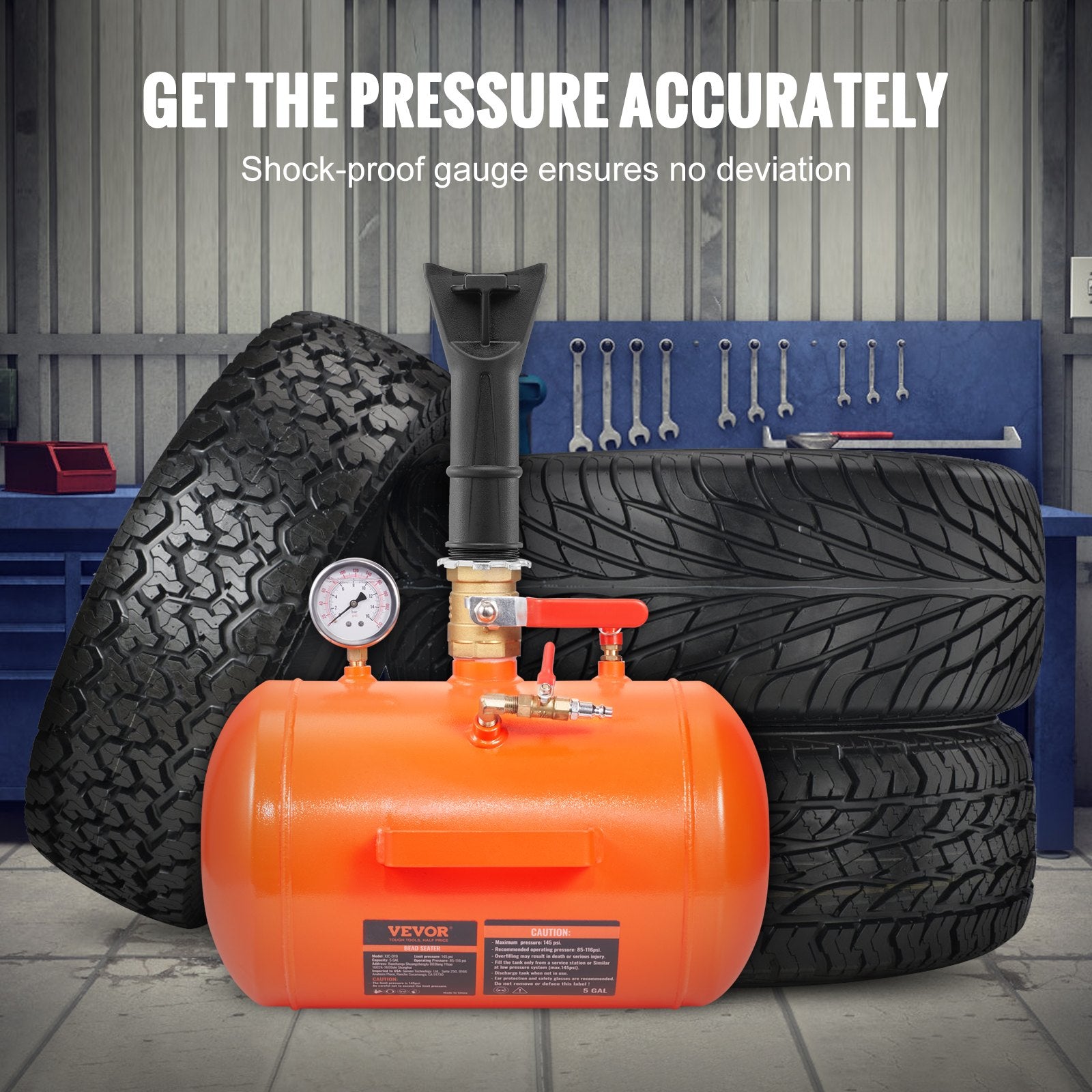 VEVOR Tire Bead Seater, 5 Gal/19L Air Tire Bead Blaster with Pressure Gauge & Handle, 145 PSI Seating Tool Inflator Tank, 85-116 PSI Operating Pressure for Car Truck ATV 5