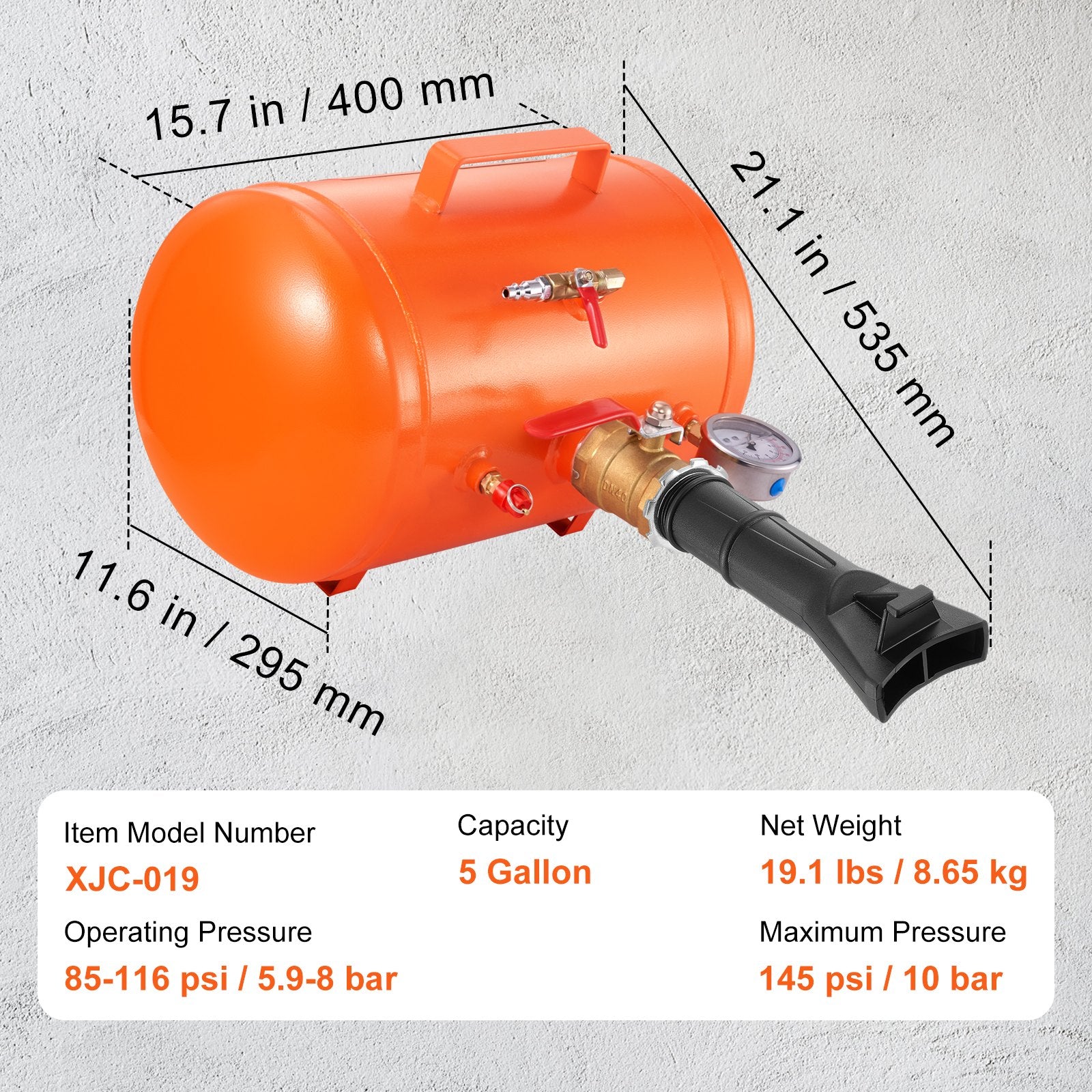 VEVOR Tire Bead Seater, 5 Gal/19L Air Tire Bead Blaster with Pressure Gauge & Handle, 145 PSI Seating Tool Inflator Tank, 85-116 PSI Operating Pressure for Car Truck ATV 7