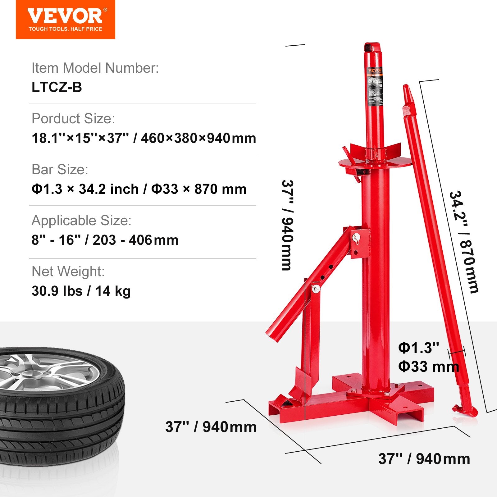 VEVOR Manual Tire Changer, Portable Hand Bead Breaker Mounting Tool for 203 - 406 mm Tires, Compatible with Car Truck Trailer, Tire Mounting Machine for Home Garage Small Auto Shop 7