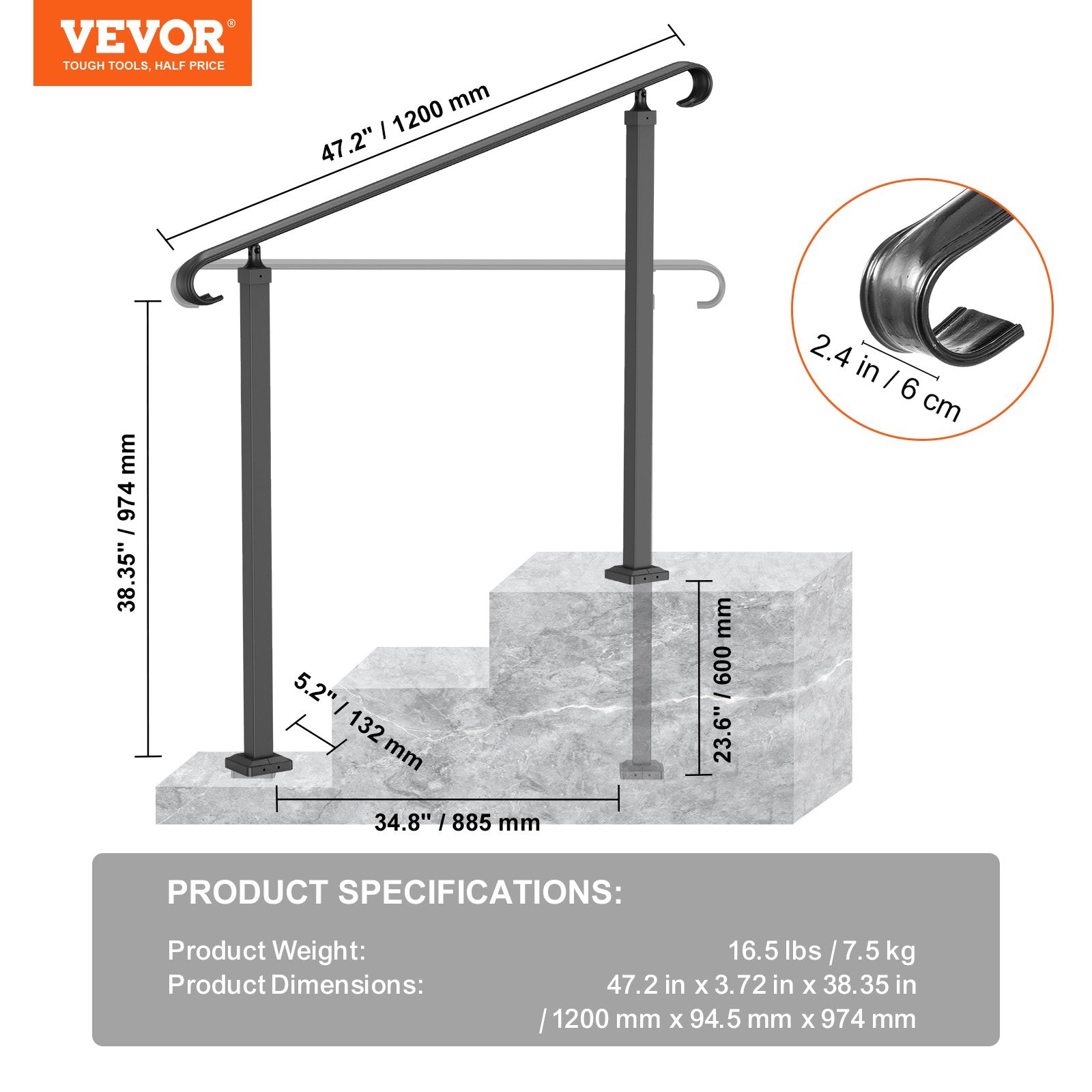 VEVOR Handrails for Outdoor Steps, Fit 1-3 Steps Wrought Iron Handrail, Outdoor Stair Railing, Adjustable Front Porch Hand Rail, Black Transitional Hand railings for Concrete Steps or Wooden Stairs 7