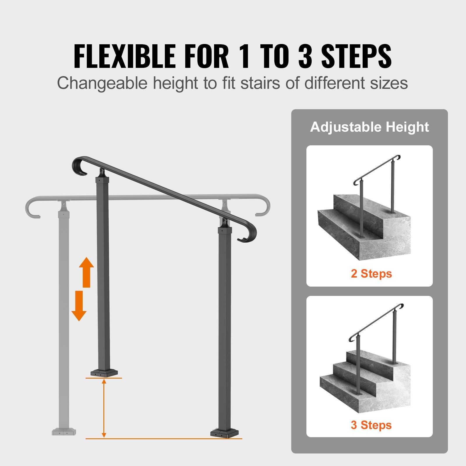 VEVOR Handrails for Outdoor Steps, Fit 1-3 Steps Outdoor Stair Railing, Wrought Iron Handrail, Adjustable Front Porch Hand Rail, Black Transitional Hand railings for Concrete Steps or Wooden Stairs 4