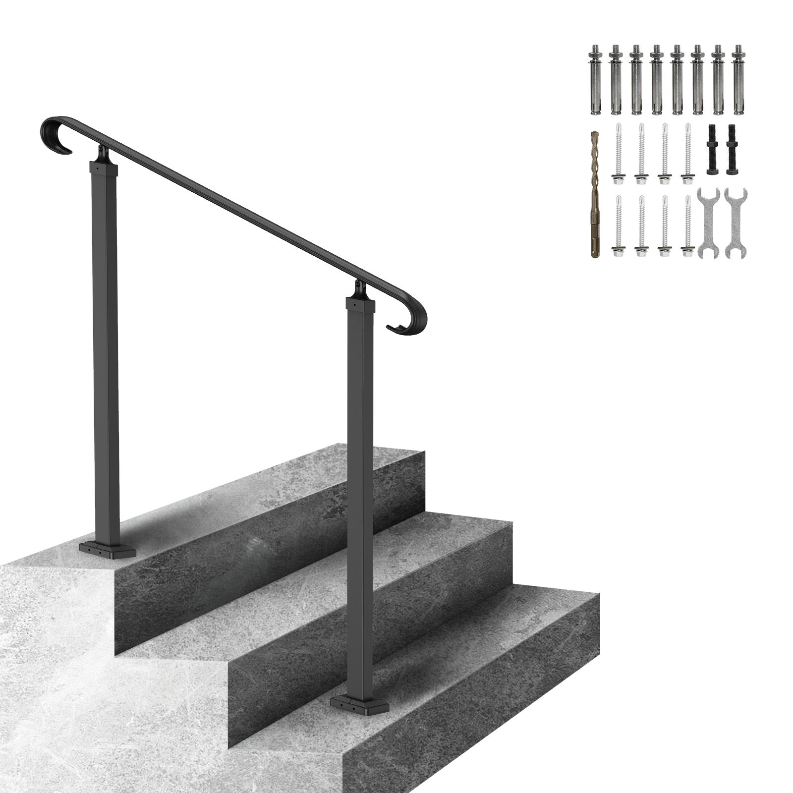 VEVOR Handrails for Outdoor Steps, Fit 1-3 Steps Outdoor Stair Railing, Wrought Iron Handrail, Adjustable Front Porch Hand Rail, Black Transitional Hand railings for Concrete Steps or Wooden Stairs 9