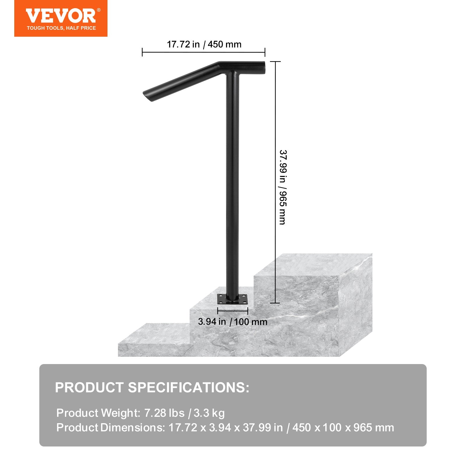 VEVOR Single Post 1-2, Black Steel Railing 441LBS Capacity Baking Varnish Iron Stairs Stylish Handrails for Outdoor Steps with Expansion Bolts & Drill Bit 7
