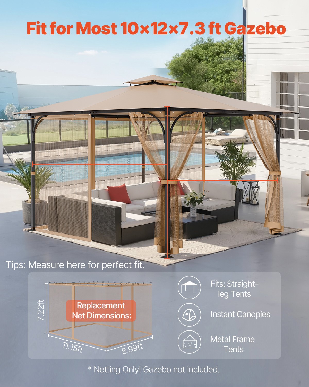 VEVOR Gazebo Netting Replacement, Fit Most 10 x 12 x 7.3 FT Gazebo