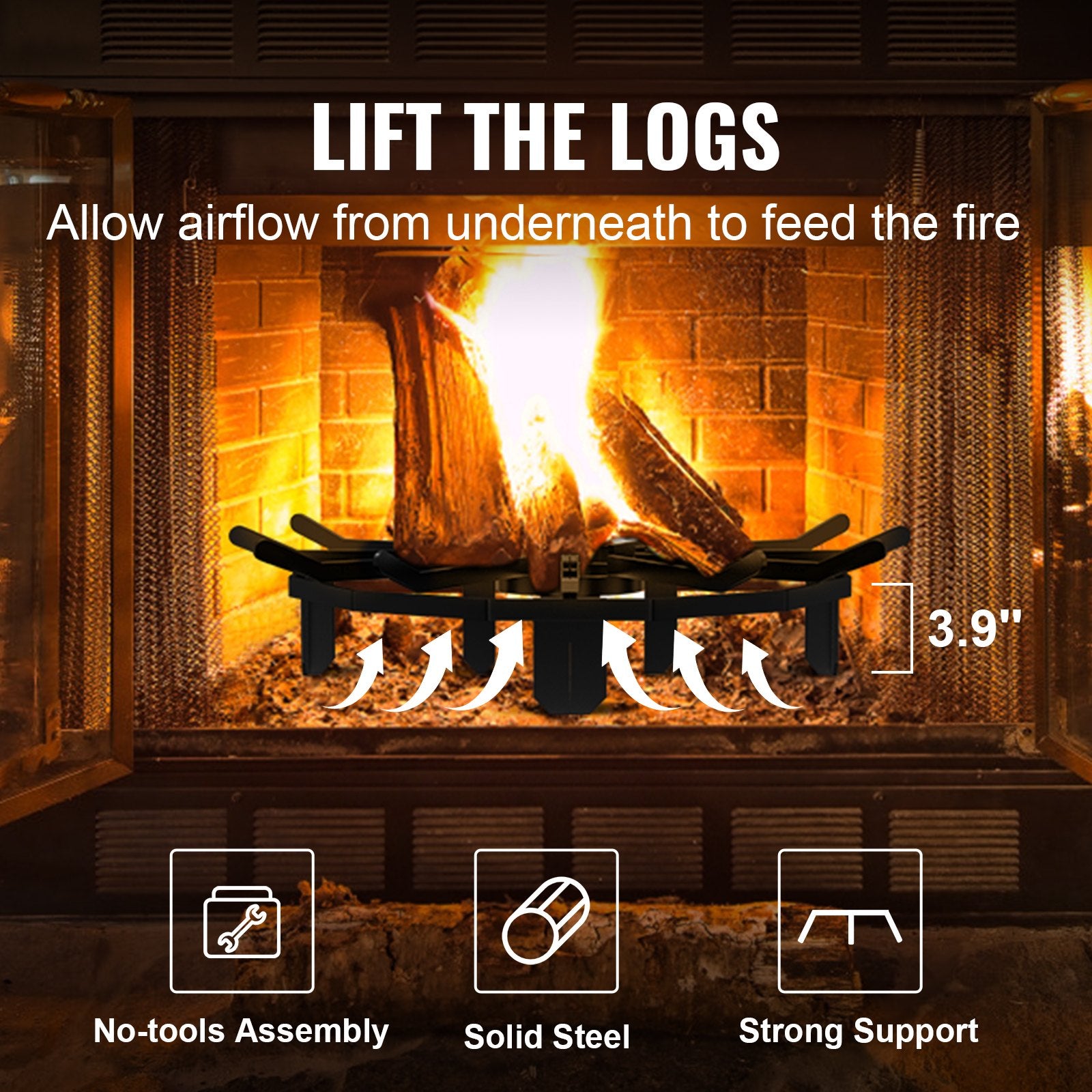 VEVOR Log Grate, 27 inch Heavy Duty Wheel Fire Grate with 6 Support Legs, Solid Powder-coated Steel Bars, Log Firewood Burning Rack Holder for Wood Stove and Outdoor Camping Fire Pit 5