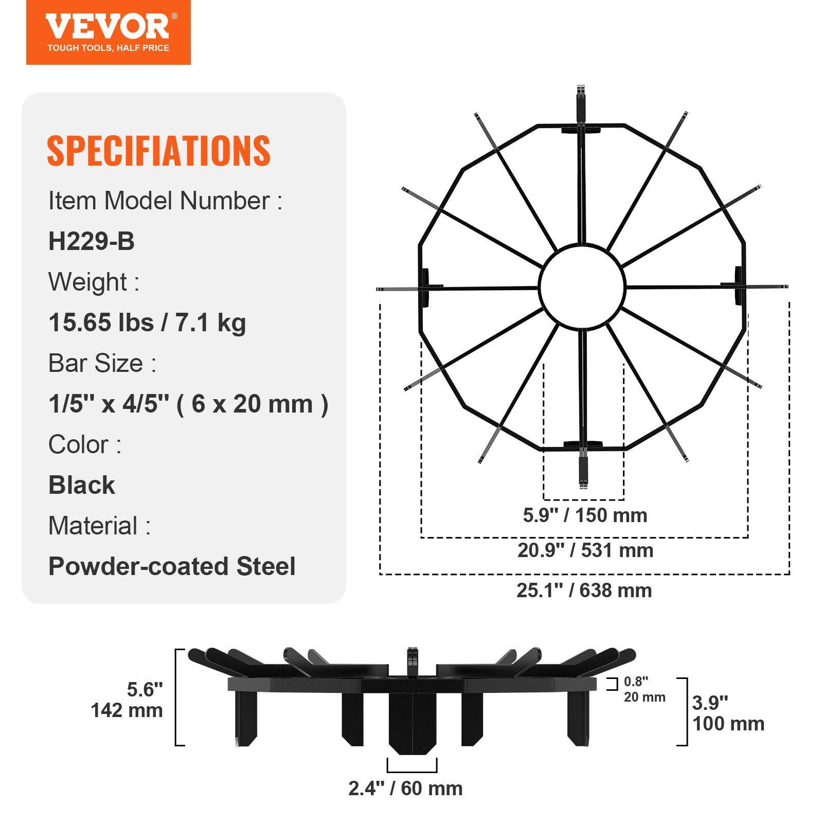 VEVOR Log Grate, 27 inch Heavy Duty Wheel Fire Grate with 6 Support Legs, Solid Powder-coated Steel Bars, Log Firewood Burning Rack Holder for Wood Stove and Outdoor Camping Fire Pit 7