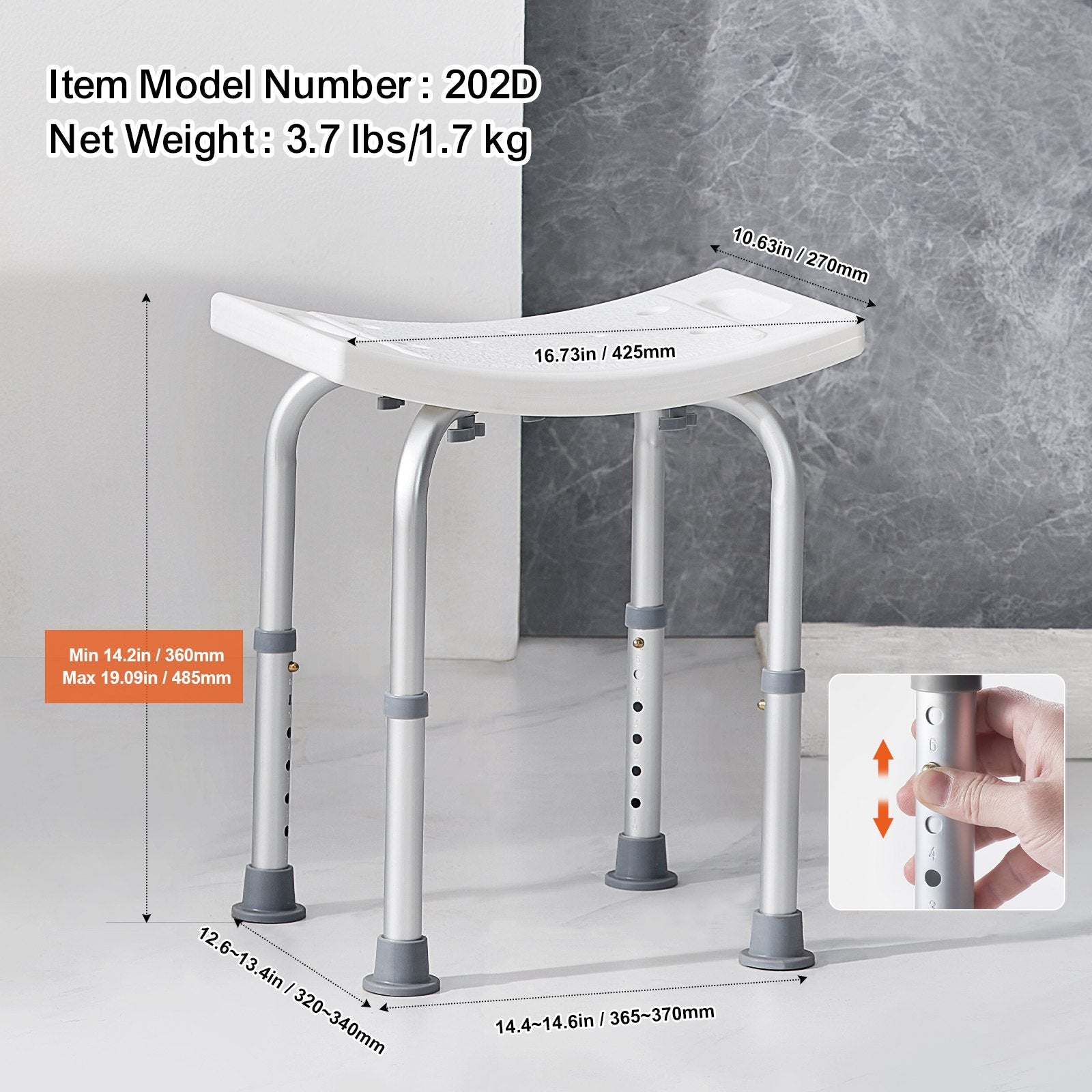 VEVOR Shower Chair, Adjustable Height Shower Stool with Built-in Handles, Shower Seat for Inside Shower or Tub, Non-Slip Bench Bathtub Stool Seat for Elderly Disabled Handicap, 158.8 kg Capacity 6