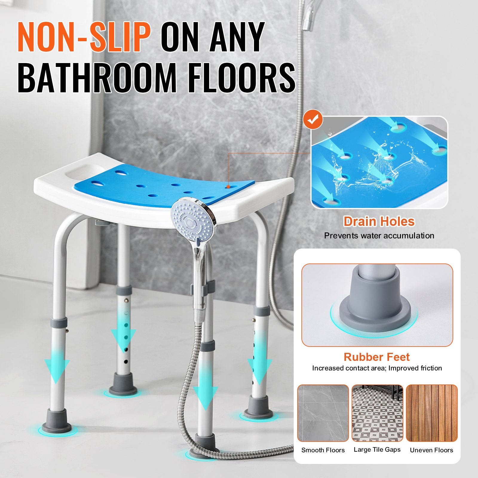 VEVOR Shower Chair, Adjustable Height Shower Stool, Shower Seat for Inside Shower or Tub, Non-Slip Bench Bathtub Stool Seat for Elderly Disabled Handicap, 158.8 kg Capacity 3