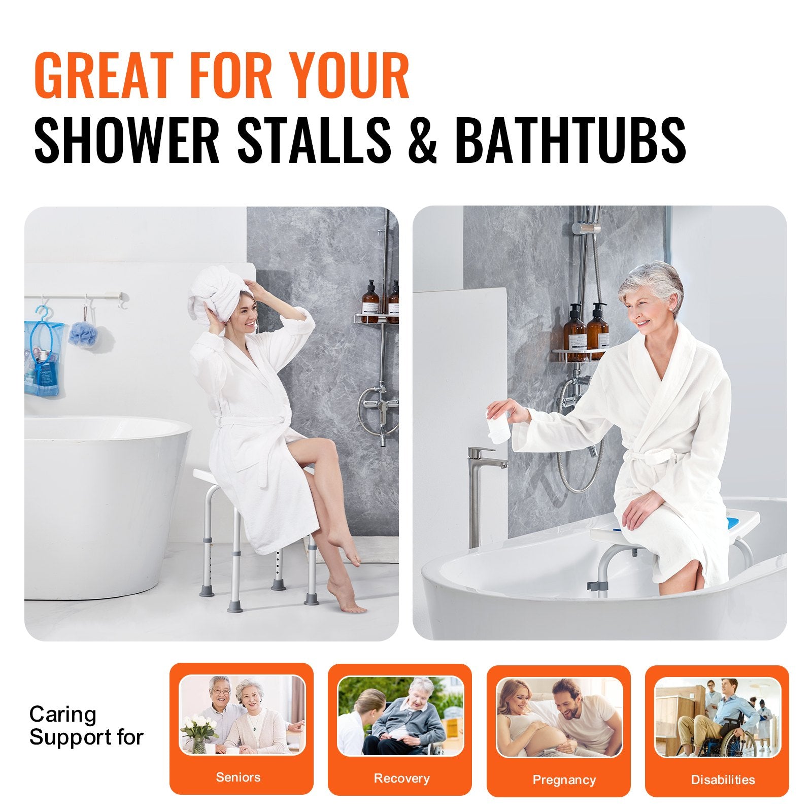 VEVOR Shower Chair, Adjustable Height Shower Stool, Shower Seat for Inside Shower or Tub, Non-Slip Bench Bathtub Stool Seat for Elderly Disabled Handicap, 158.8 kg Capacity 5
