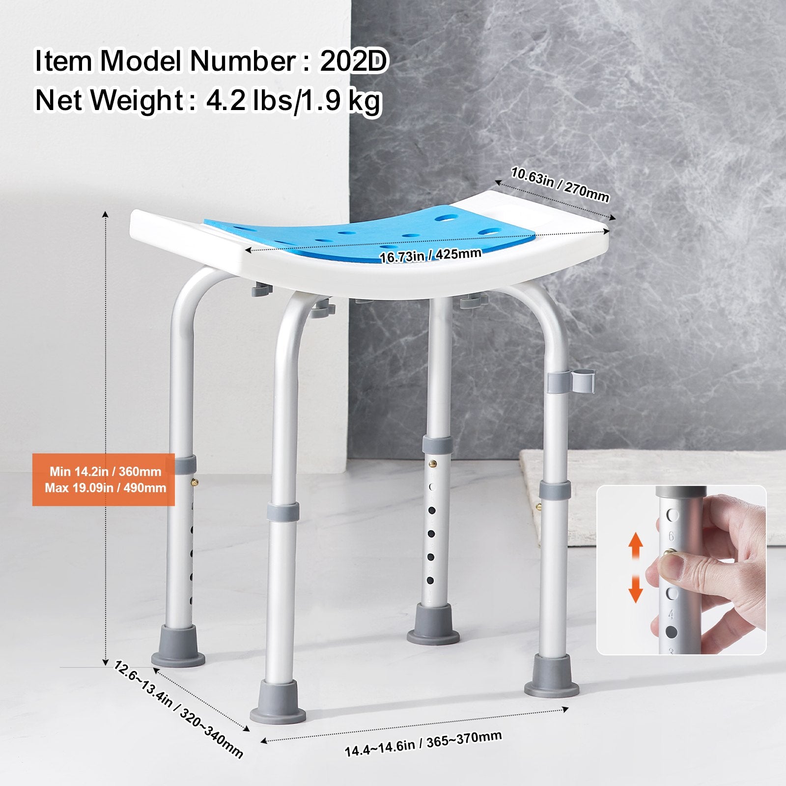VEVOR Shower Chair, Adjustable Height Shower Stool, Shower Seat for Inside Shower or Tub, Non-Slip Bench Bathtub Stool Seat for Elderly Disabled Handicap, 158.8 kg Capacity 6