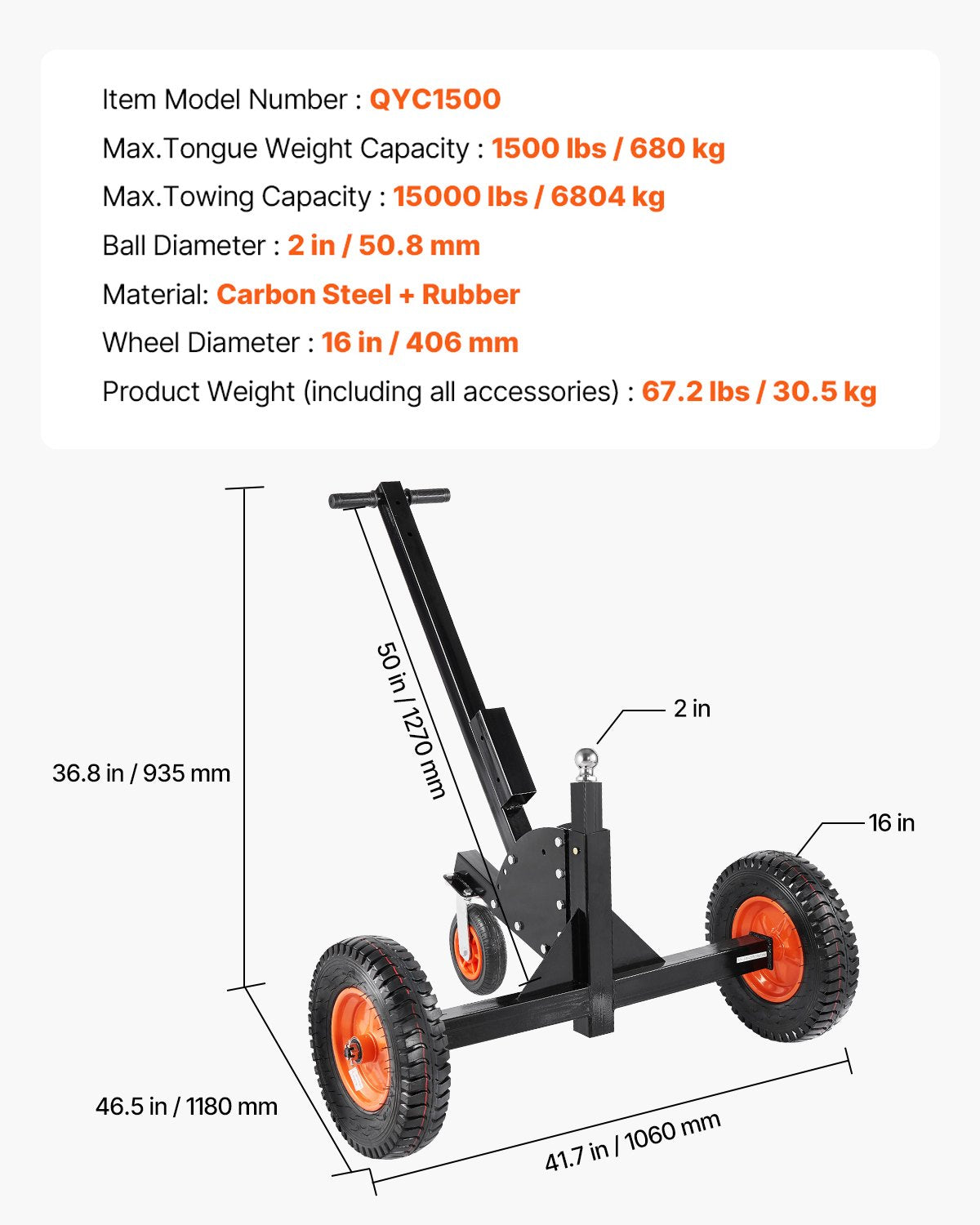 VEVOR Trailer Dolly, 1500lbs Tongue Weight Capacity, 2 in 1 Trailer Mover with 2 in Ball, 16 in Pneumatic Tires and Universal Wheel, Portable Tow Dolly for Moving Car RV Trailer 7