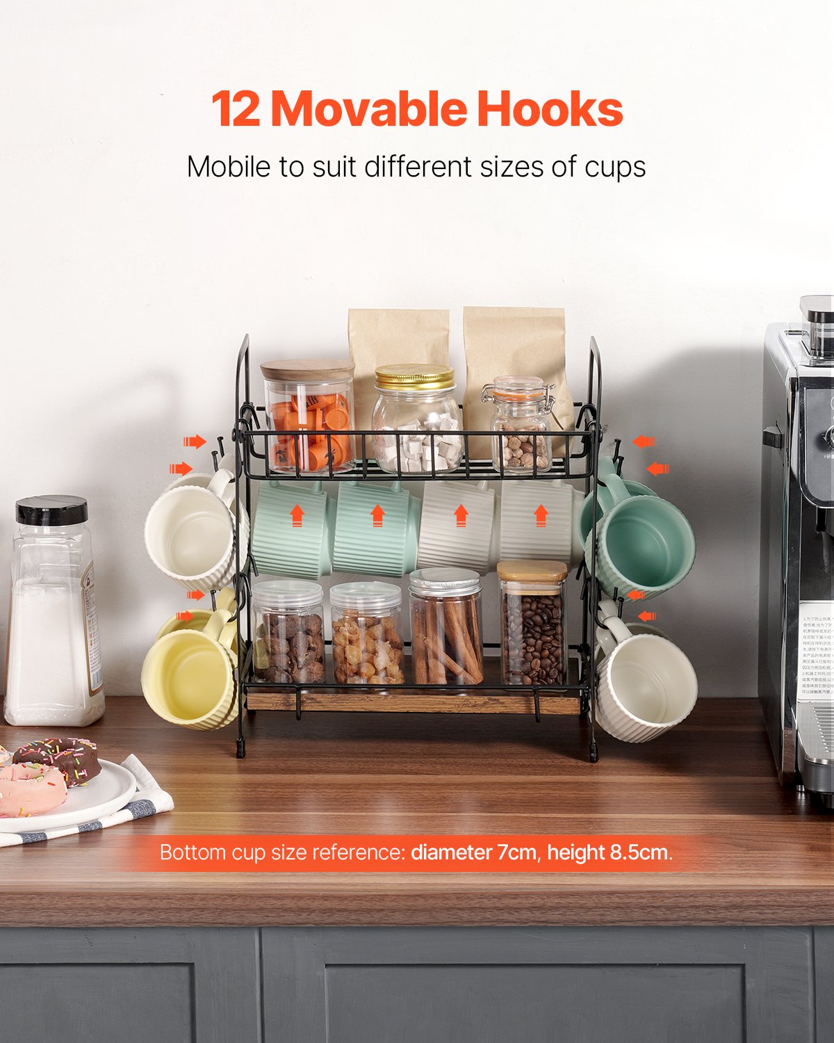 VEVOR 2 Tier Coffee Bar Organizer for Countertop w/ 12 Movable Hooks Mug Holder 3