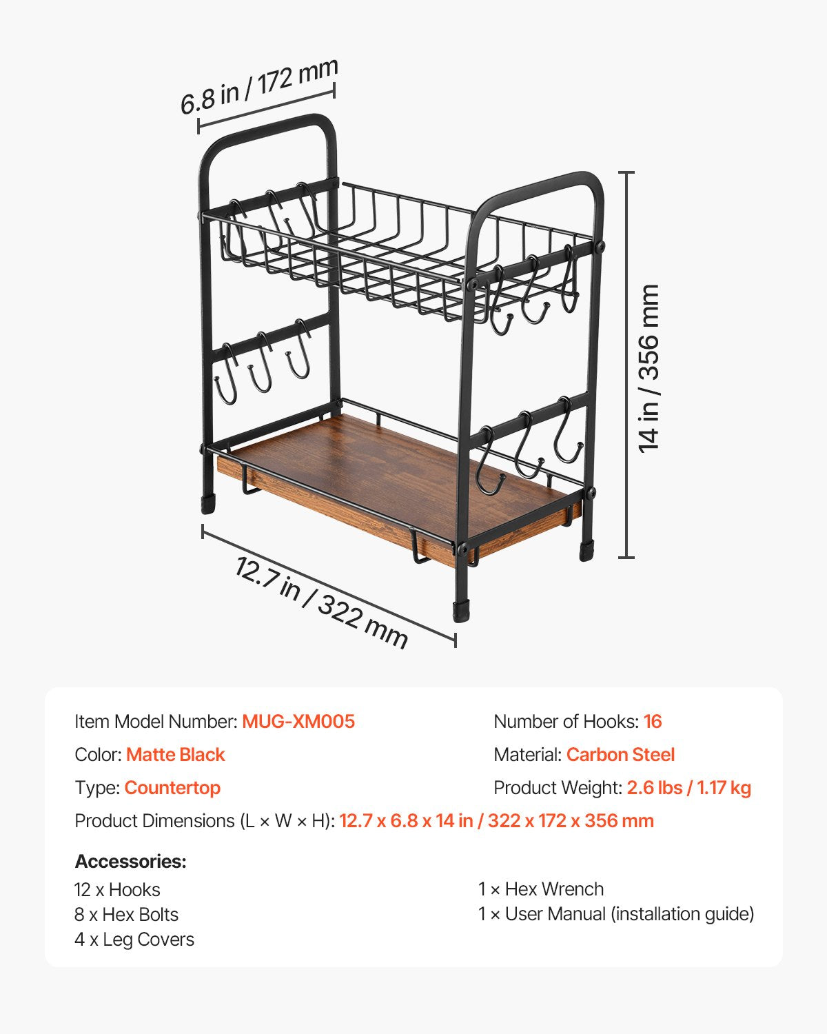 VEVOR 2 Tier Coffee Bar Organizer for Countertop w/ 12 Movable Hooks Mug Holder 7