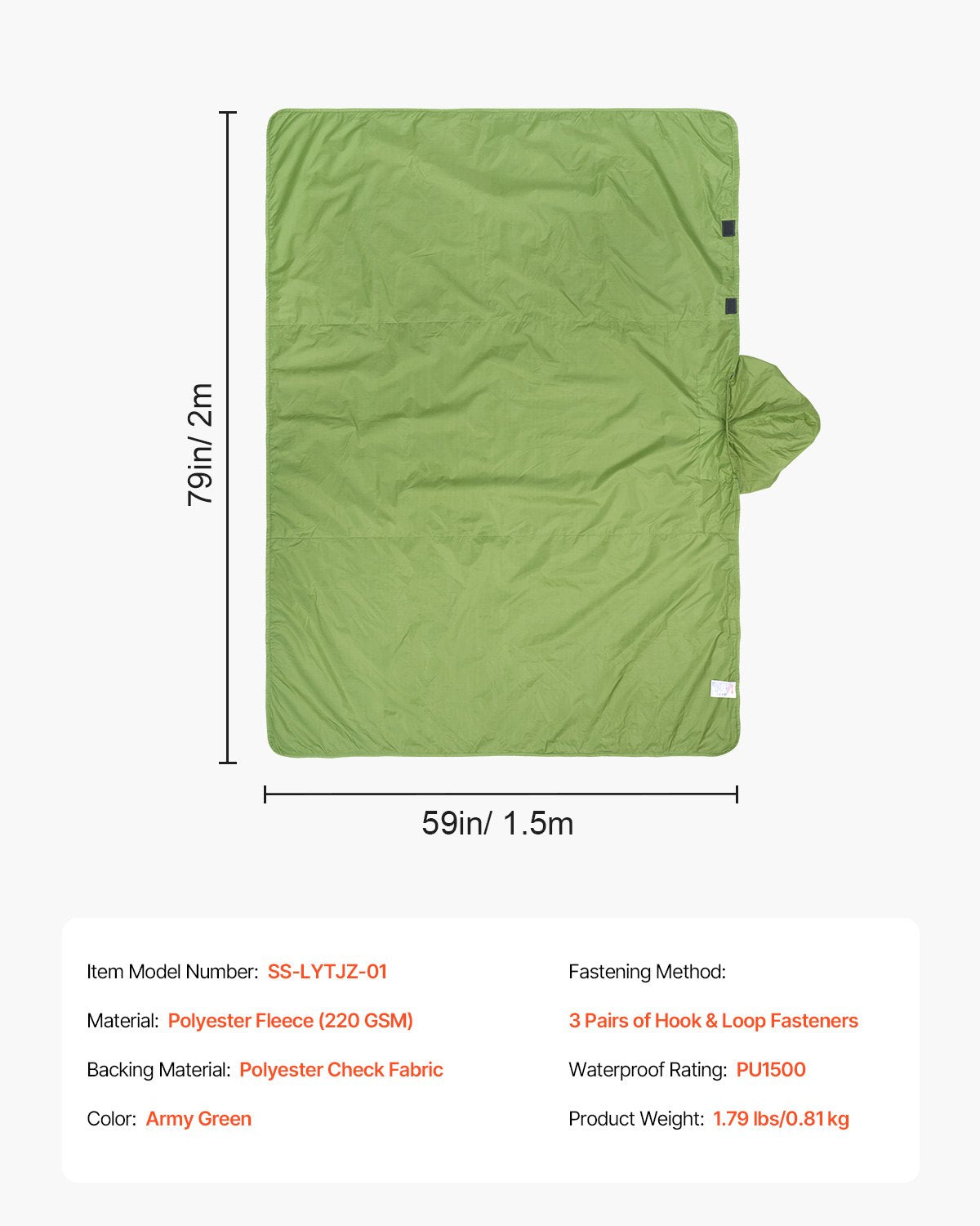 VEVOR Camping Blanket 2 m x 1.5 m Wearable Warm Stadium Blanket Army Green 7