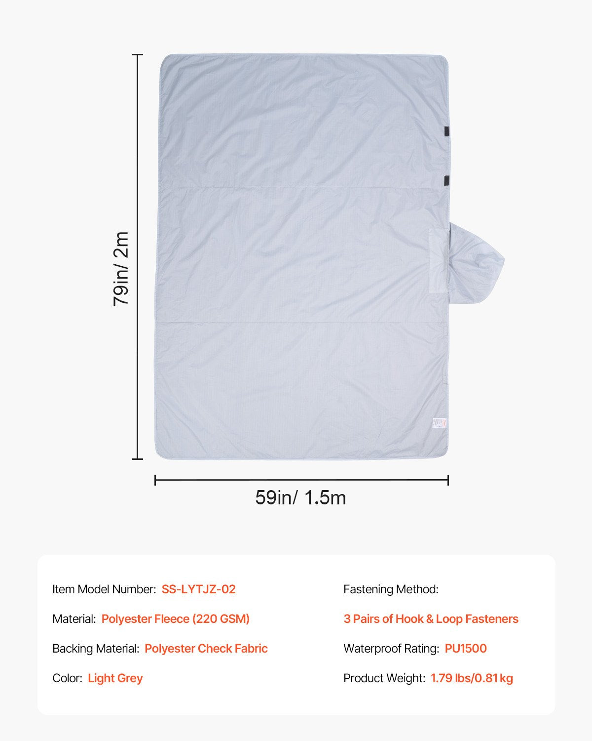 VEVOR Camping Blanket 2 m x 1.5 m Wearable Warm Stadium Blanket Light Grey. 7