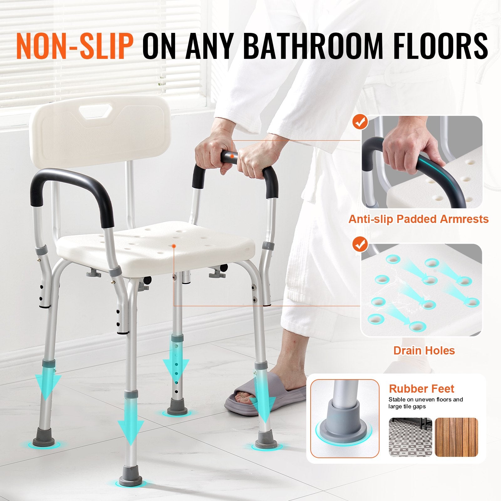 VEVOR Shower Chair, Shower Seat with Back, Adjustable Height Shower Stool, Shower Chair for Inside Shower Bathtub, Non-slip Bathroom Bench Bath Chair for Elderly Disabled Handicap, 158.8 kg Capacity 3