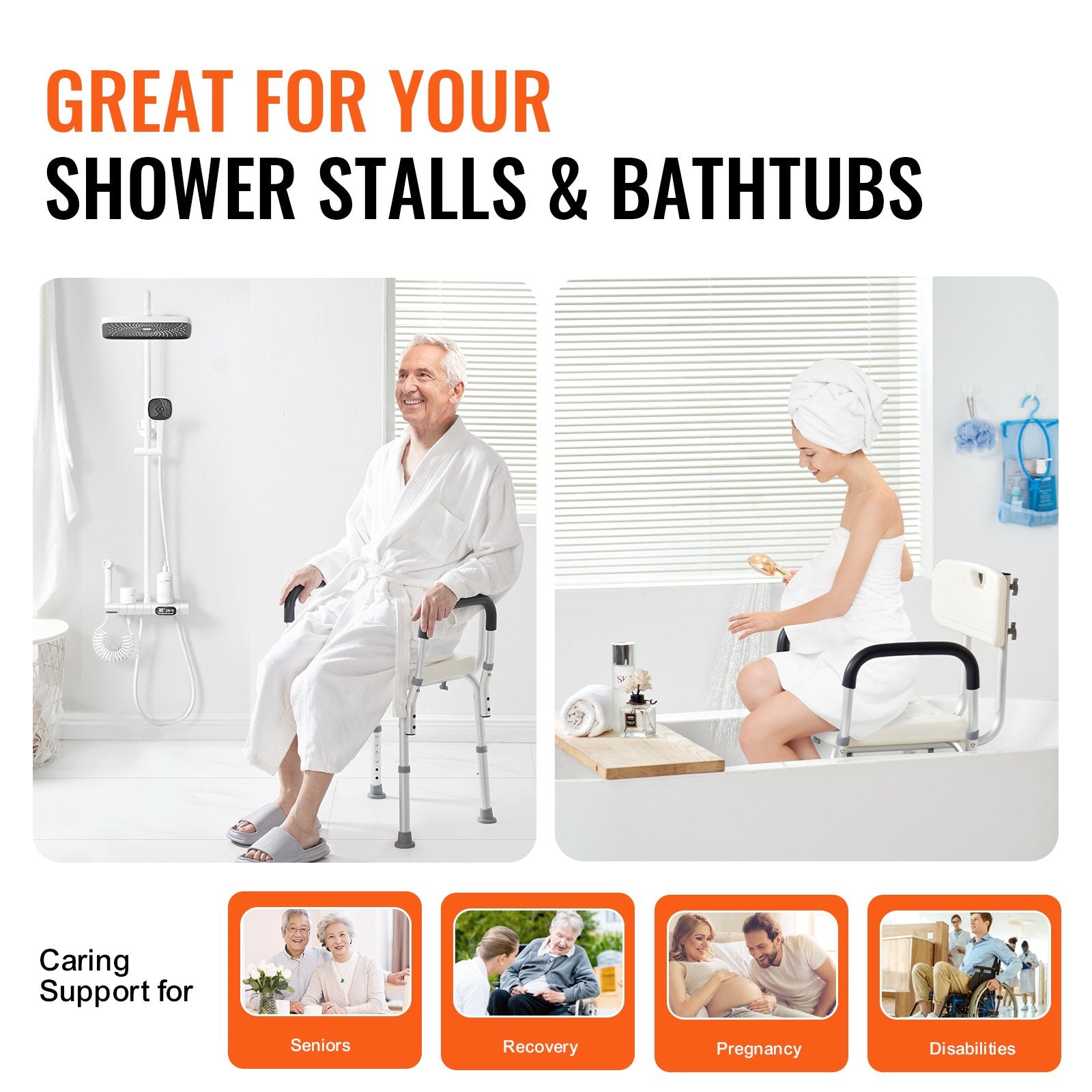 VEVOR Shower Chair, Shower Seat with Back, Adjustable Height Shower Stool, Shower Chair for Inside Shower Bathtub, Non-slip Bathroom Bench Bath Chair for Elderly Disabled Handicap, 158.8 kg Capacity 5