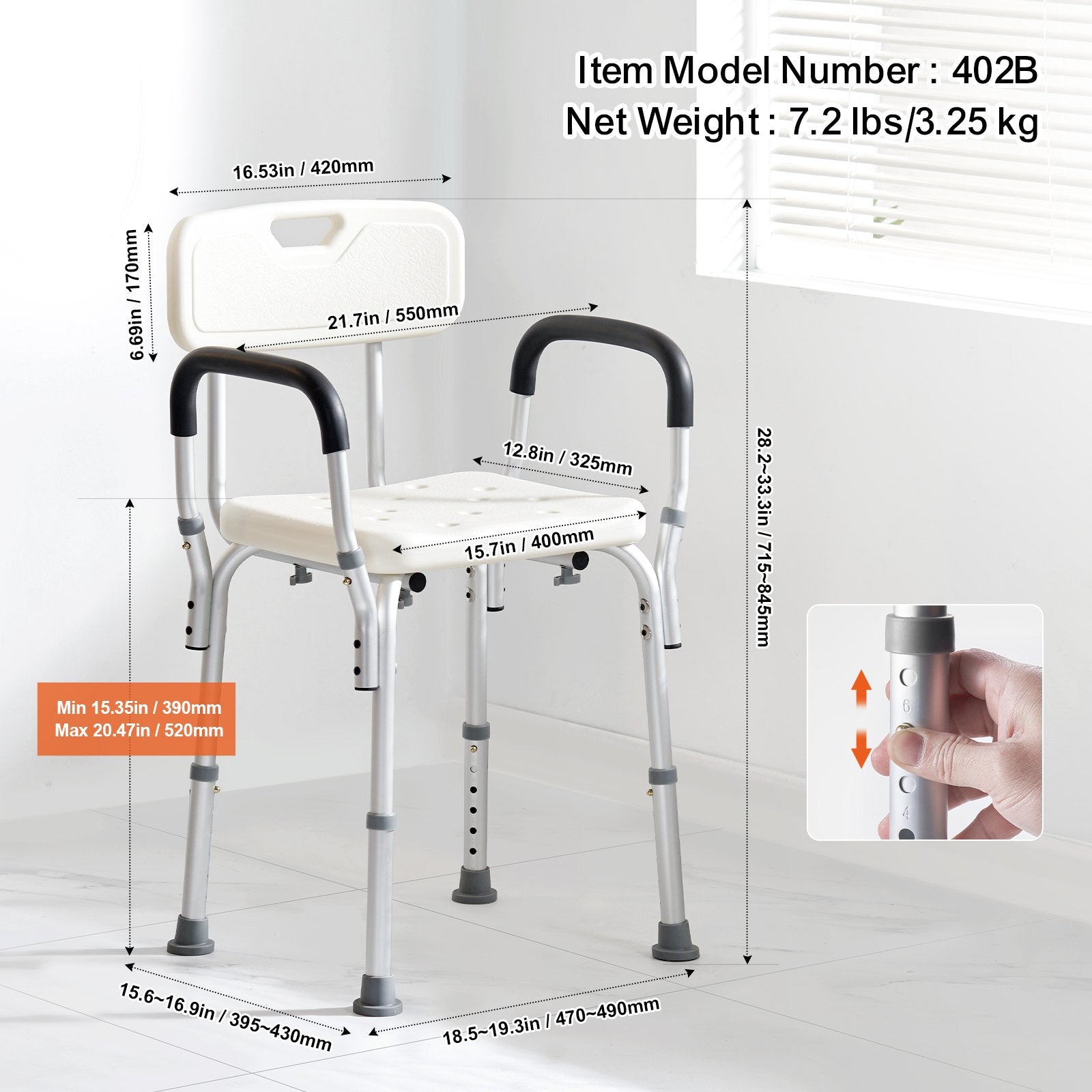 VEVOR Shower Chair, Shower Seat with Back, Adjustable Height Shower Stool, Shower Chair for Inside Shower Bathtub, Non-slip Bathroom Bench Bath Chair for Elderly Disabled Handicap, 158.8 kg Capacity 6