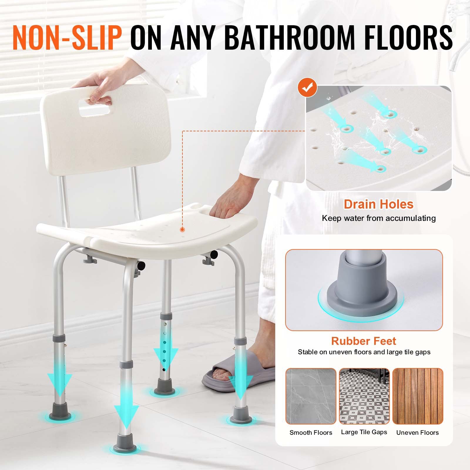 VEVOR Shower Chair, Shower Seat with Back, Adjustable Height Shower Stool, Shower Chair for Inside Shower Bathtub, Non-slip Bathroom Bench Bath Chair for Elderly Disabled Handicap, 158.8 kg Capacity 3