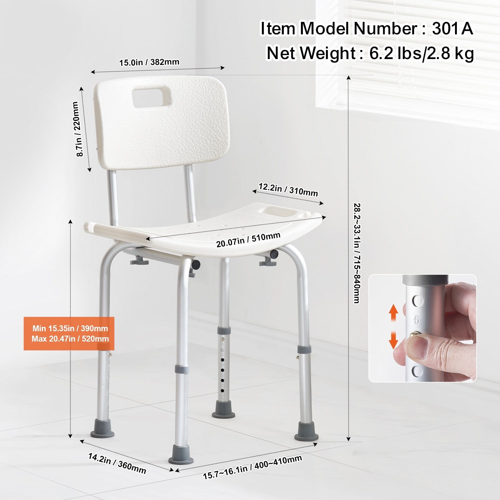 VEVOR Shower Chair, Shower Seat with Back, Adjustable Height Shower Stool, Shower Chair for Inside Shower Bathtub, Non-slip Bathroom Bench Bath Chair for Elderly Disabled Handicap, 158.8 kg Capacity 6