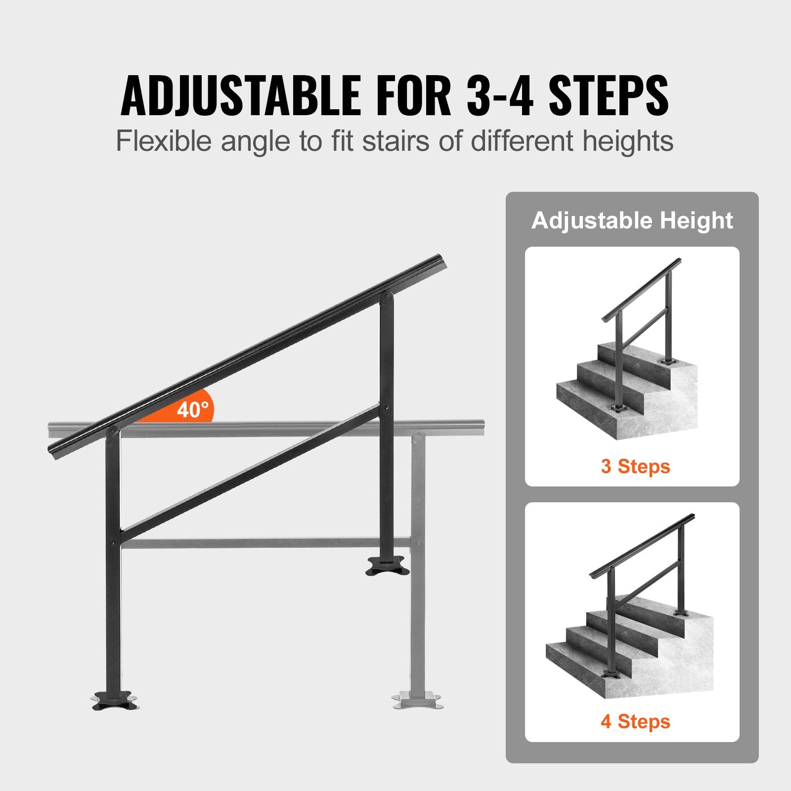 VEVOR Handrail Outdoor Stairs 47.6 X 35.2 Inch Outdoor Handrail Outdoor Stair Railing Adjustable from 0 to 30 Degrees Handrail for Stairs Outdoor Aluminum Black Stair Railing Fit 3-4 Steps 4