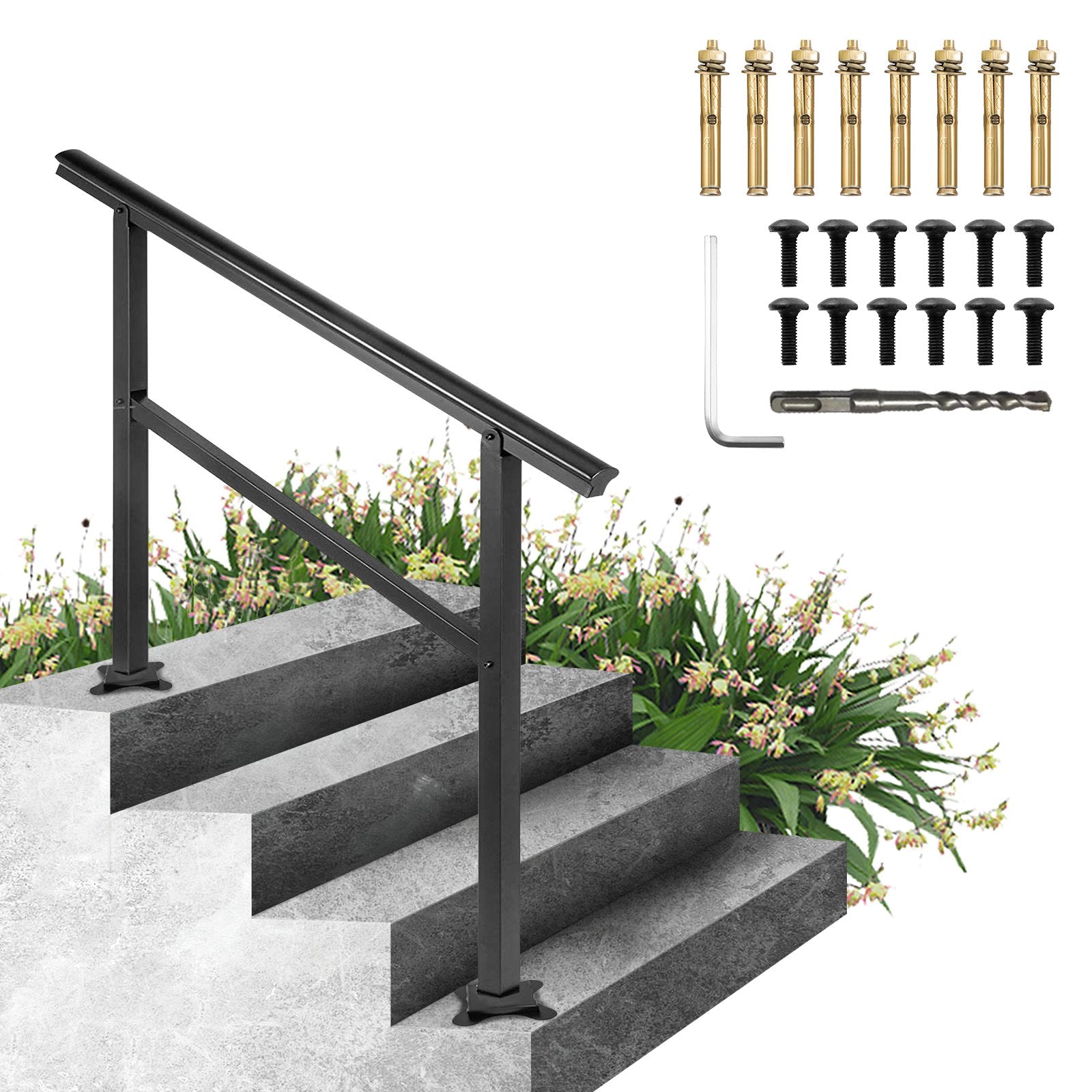 VEVOR Handrail Outdoor Stairs 47.6 X 35.2 Inch Outdoor Handrail Outdoor Stair Railing Adjustable from 0 to 30 Degrees Handrail for Stairs Outdoor Aluminum Black Stair Railing Fit 3-4 Steps 9