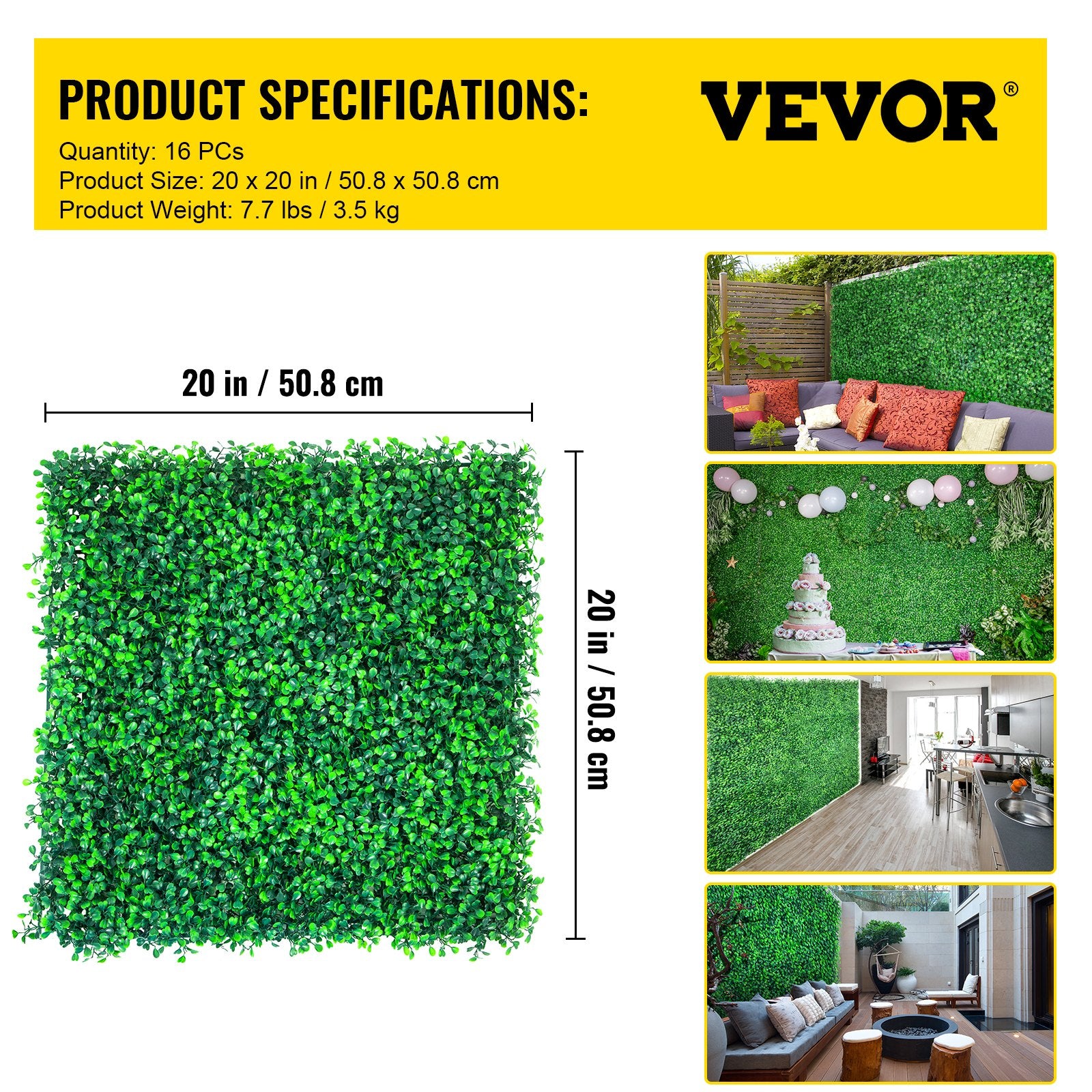 VEVOR Artificial Boxwood Panels, 16 PCS 20"x20" Boxwood Hedge Wall Panels, PE Artificial Grass Backdrop Wall 1.6\", Privacy Hedge Screen for Decoration of Outdoor, Indoor, Garden, Fence, and Backyar 7