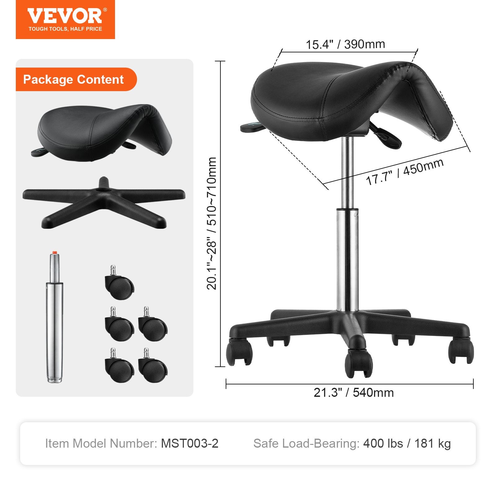 VEVOR Saddle Stool with Wheels, 400 LBS Weight Capacity Ergonomic Rolling Saddle Stool, Height Adjustable Thickened PU Leather Swivel Saddle Stools Chair for Salon, Spa, Tattoo, Clinic, Black 7
