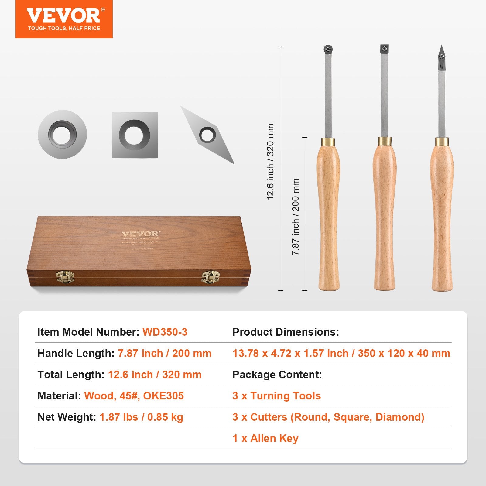 VEVOR Wood Lathe Chisel Set, 3 PCS Woodworking Turning Tools, Includes Square, Round, Diamond Carbide Blades, 20 cm Comfortable Grip Handles, Wood Chisel Set with Wooden Box For Turning Pens or Small 7