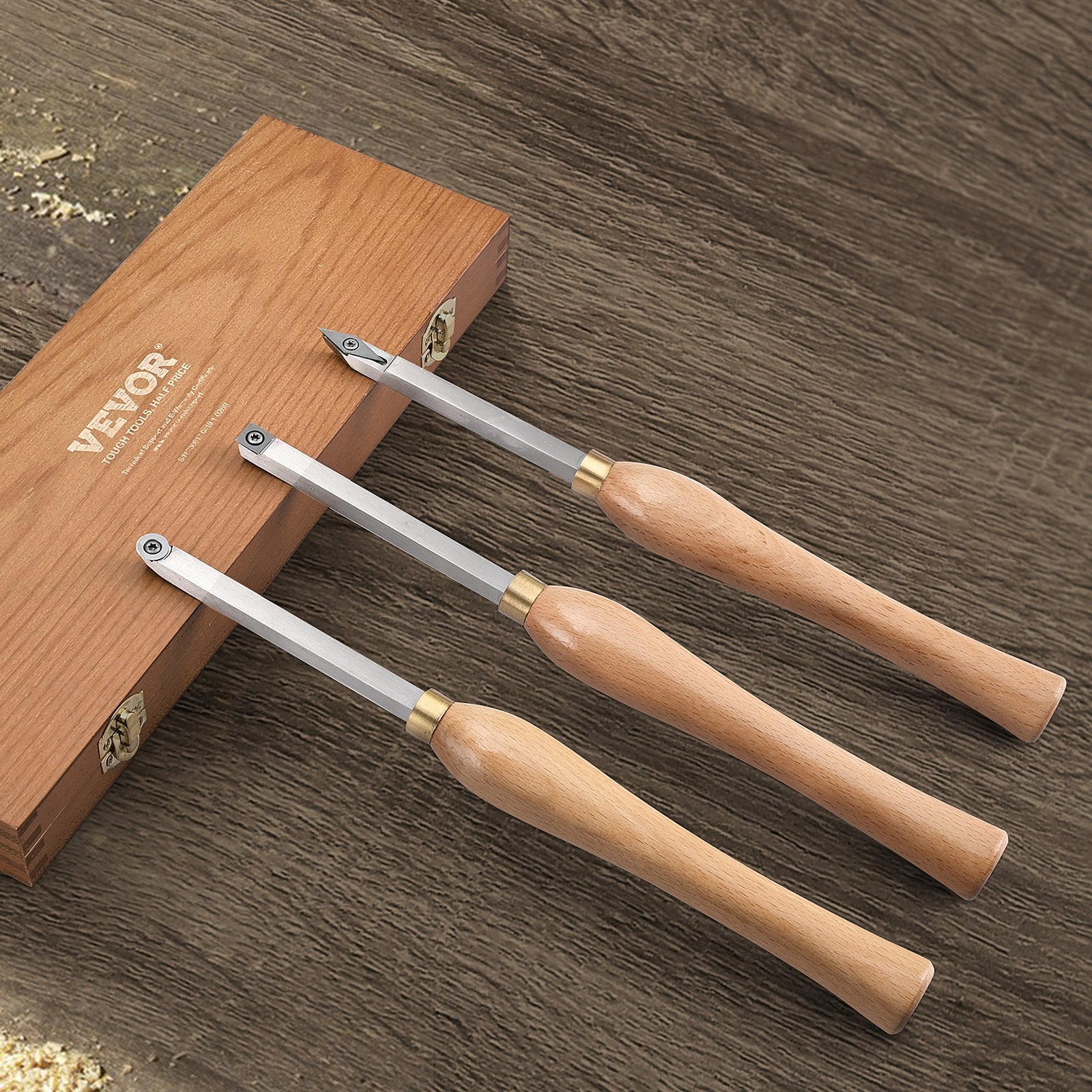 VEVOR Wood Lathe Chisel Set, 3 PCS Woodworking Turning Tools, Includes Square, Round, Diamond Carbide Blades, 20 cm Comfortable Grip Handles, Wood Chisel Set with Wooden Box For Turning Pens or Small 8