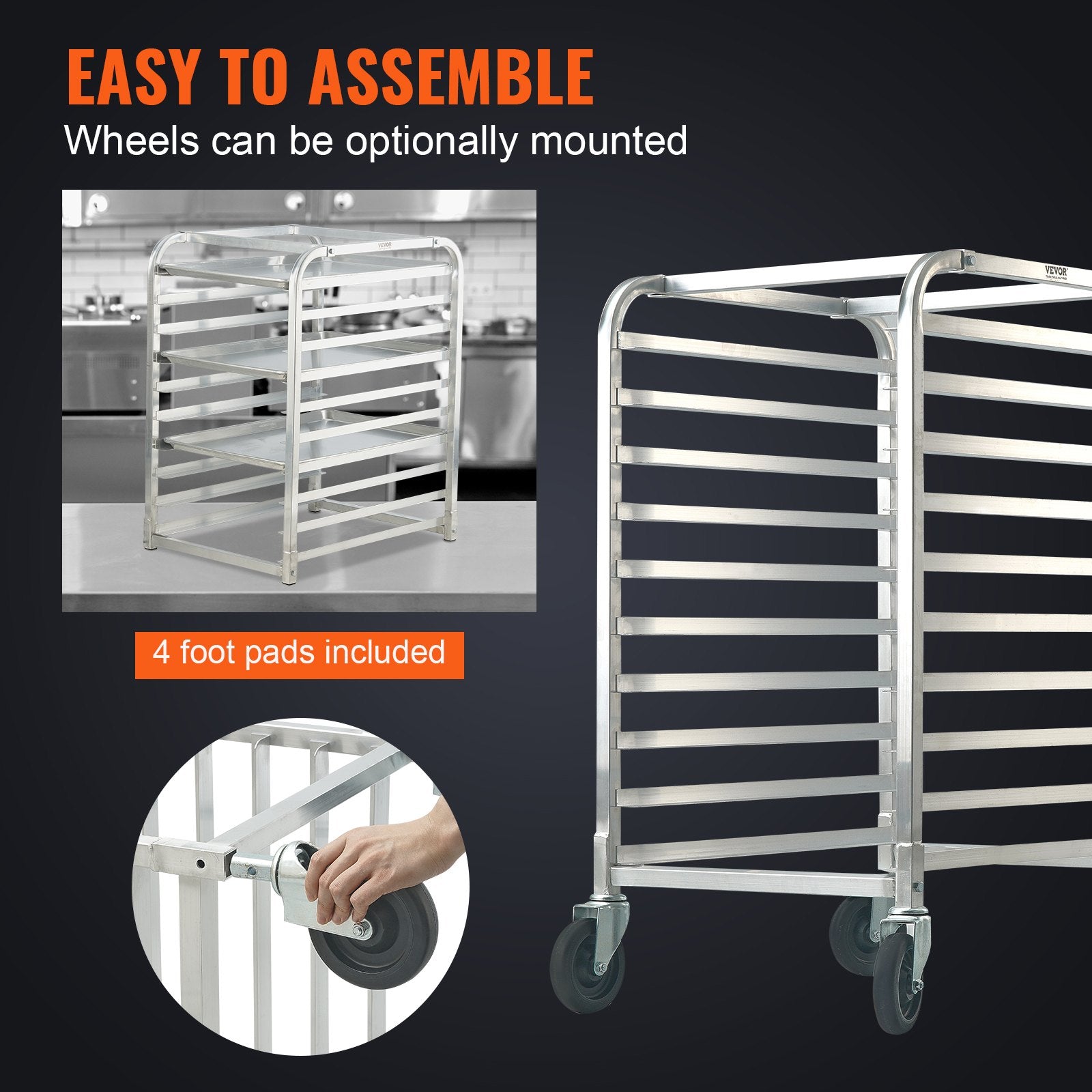 VEVOR Bun Pan Rack, 10-Tier Commercial Bakery Racks with Brake Wheels, Aluminum Racking Trolley Storage for Half & Full Sheet, Speed Rack For Kitchen Home, Bread Baking Equipment, 660x515x985 mm 5
