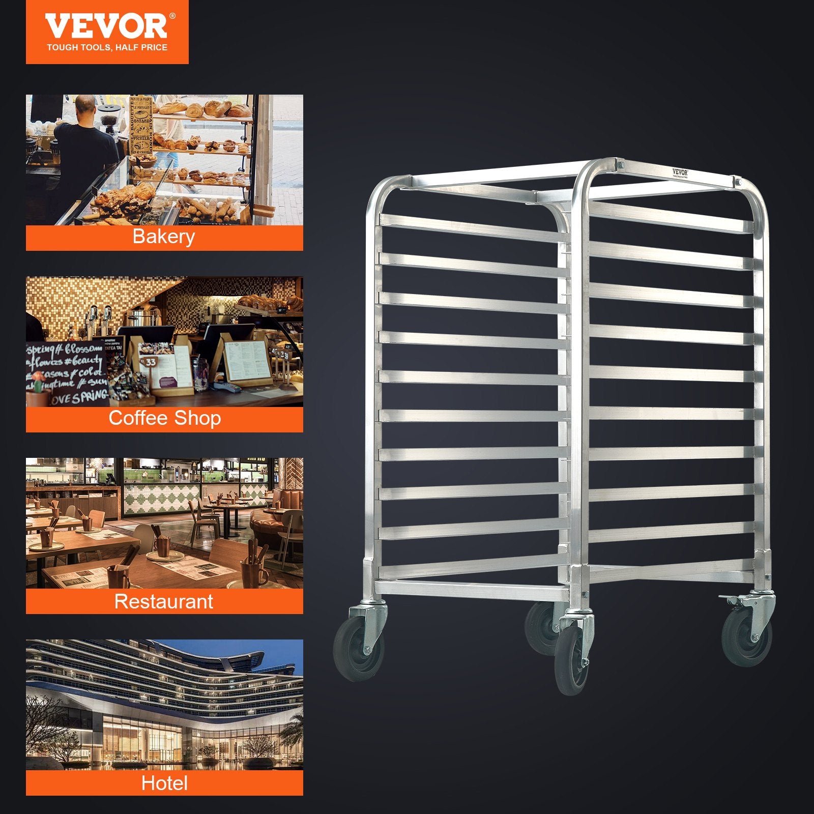 VEVOR Bun Pan Rack, 10-Tier Commercial Bakery Racks with Brake Wheels, Aluminum Racking Trolley Storage for Half & Full Sheet, Speed Rack For Kitchen Home, Bread Baking Equipment, 660x515x985 mm 7