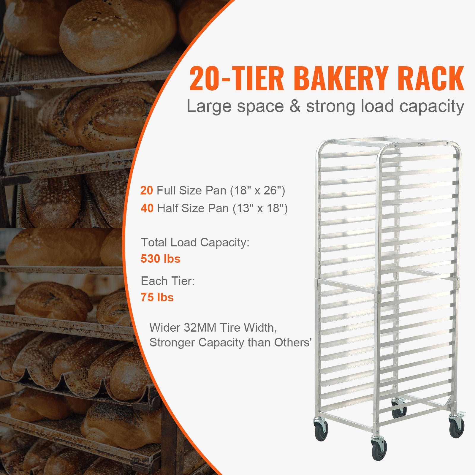 VEVOR Bun Pan Rack, 20-Tier Commercial Bakery Racks with Brake Wheels, Aluminum Racking Trolley Storage for Half & Full Sheet, Speed Rack For Kitchen Home, Bread Baking Equipment, 660x517x1767 mm 3