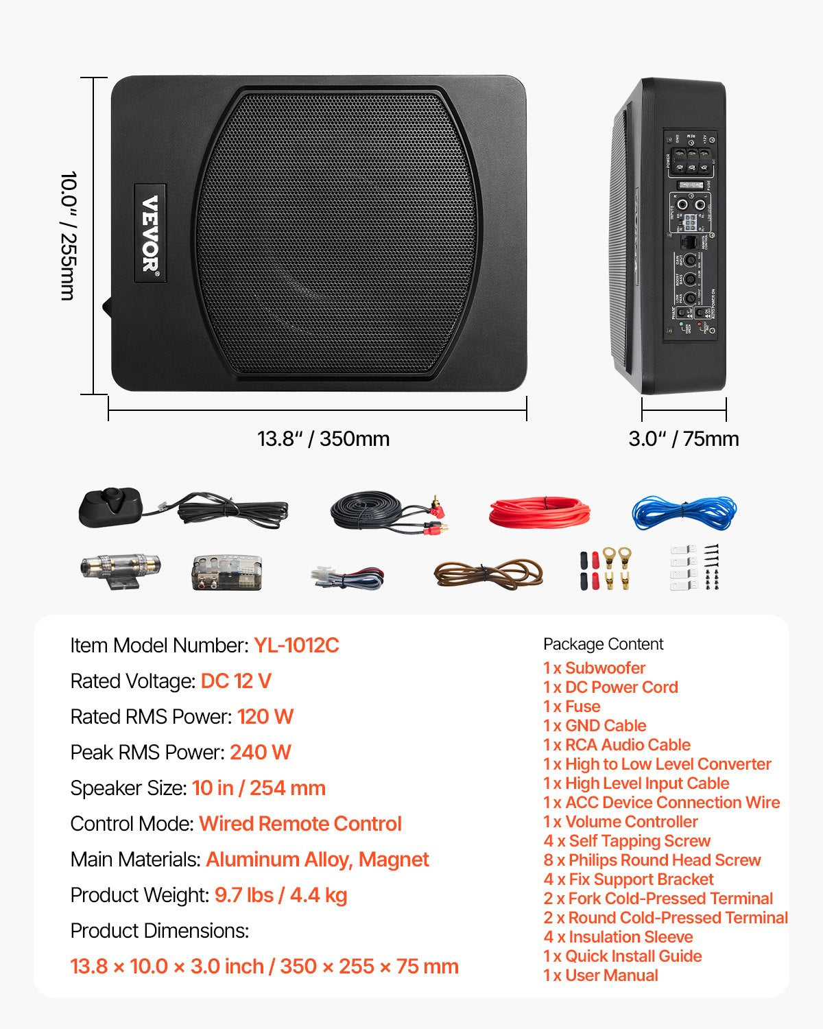 VEVOR 10" 240W Under Seat Car Subwoofer Slim Powered Car/Truck Subwoofer System 7