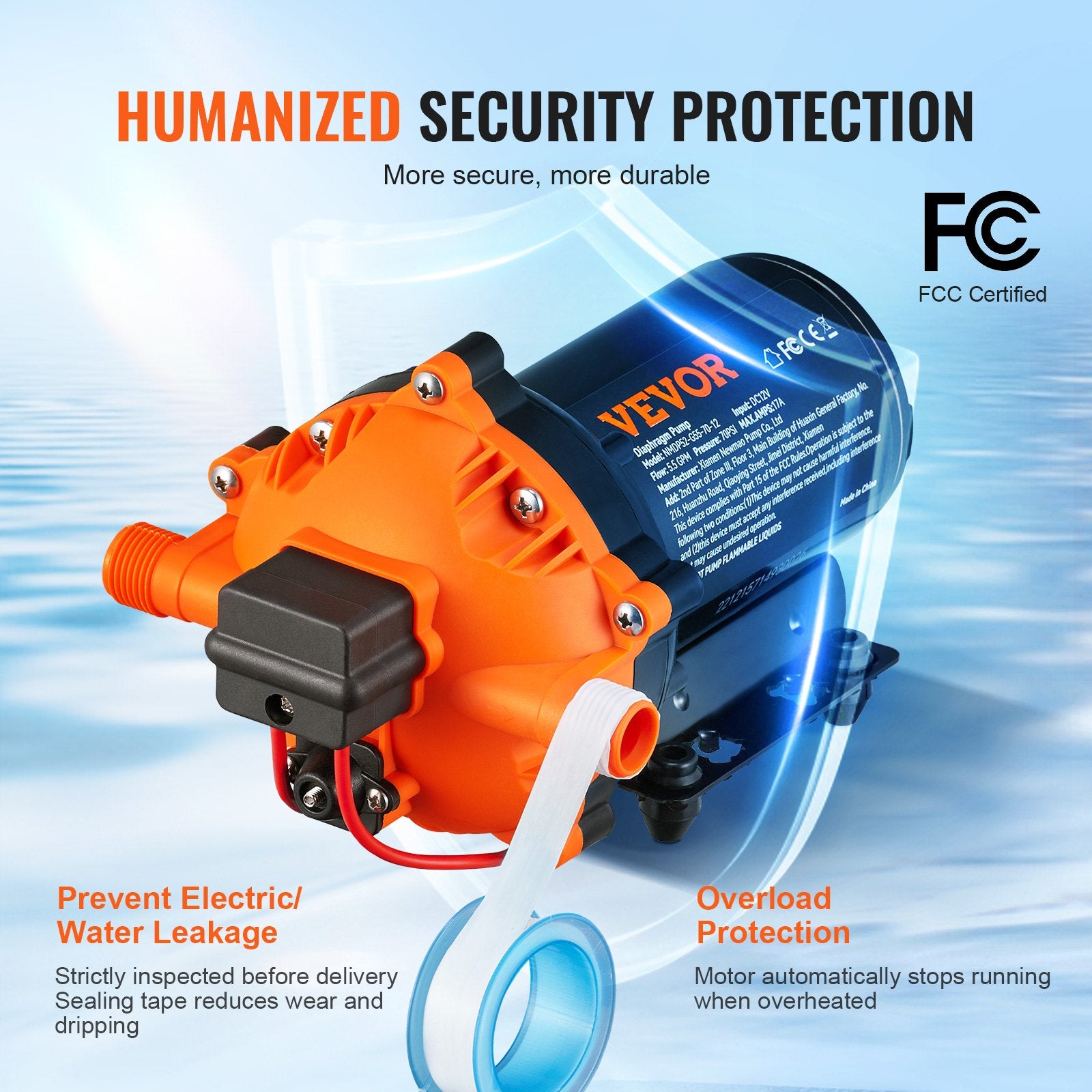 VEVOR Water Diaphragm Pump, 20.8 LPM Flow, 4.8 bar Rated Pressure (2.8-6.9 bar Adjustable), 12.7 mm MNPT Self Priming Sprayer Pump with Pressure Switch for RV Camper Marine Boat Lawn, FCC Certified 4